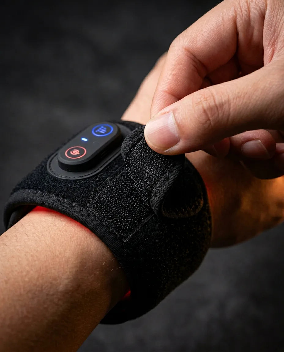 LED-Rotlichtband fürs Handgelenk – Hand am Bedienknopf des angelegten Bandes