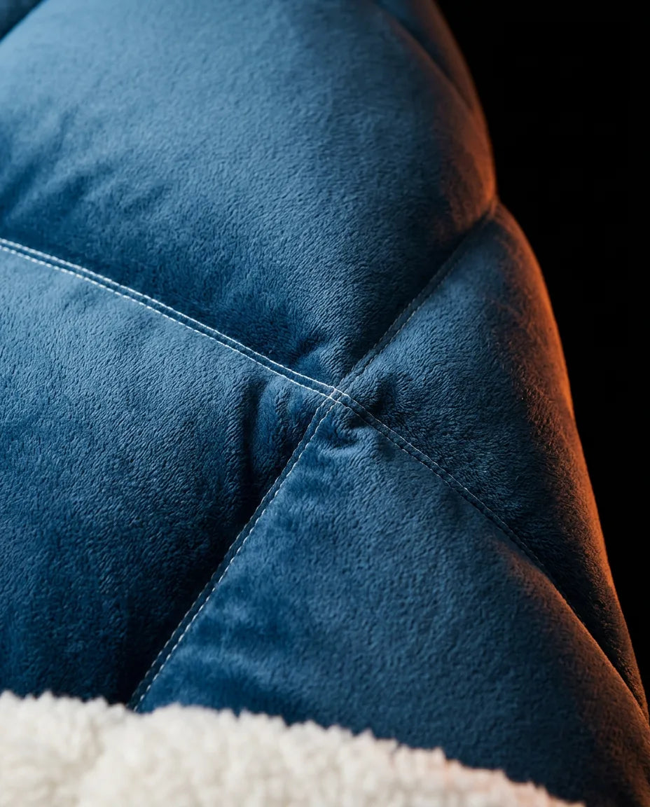 Wendbare Fleece-Kuscheldecke – Nahaufnahme des blauen Oberstoffs