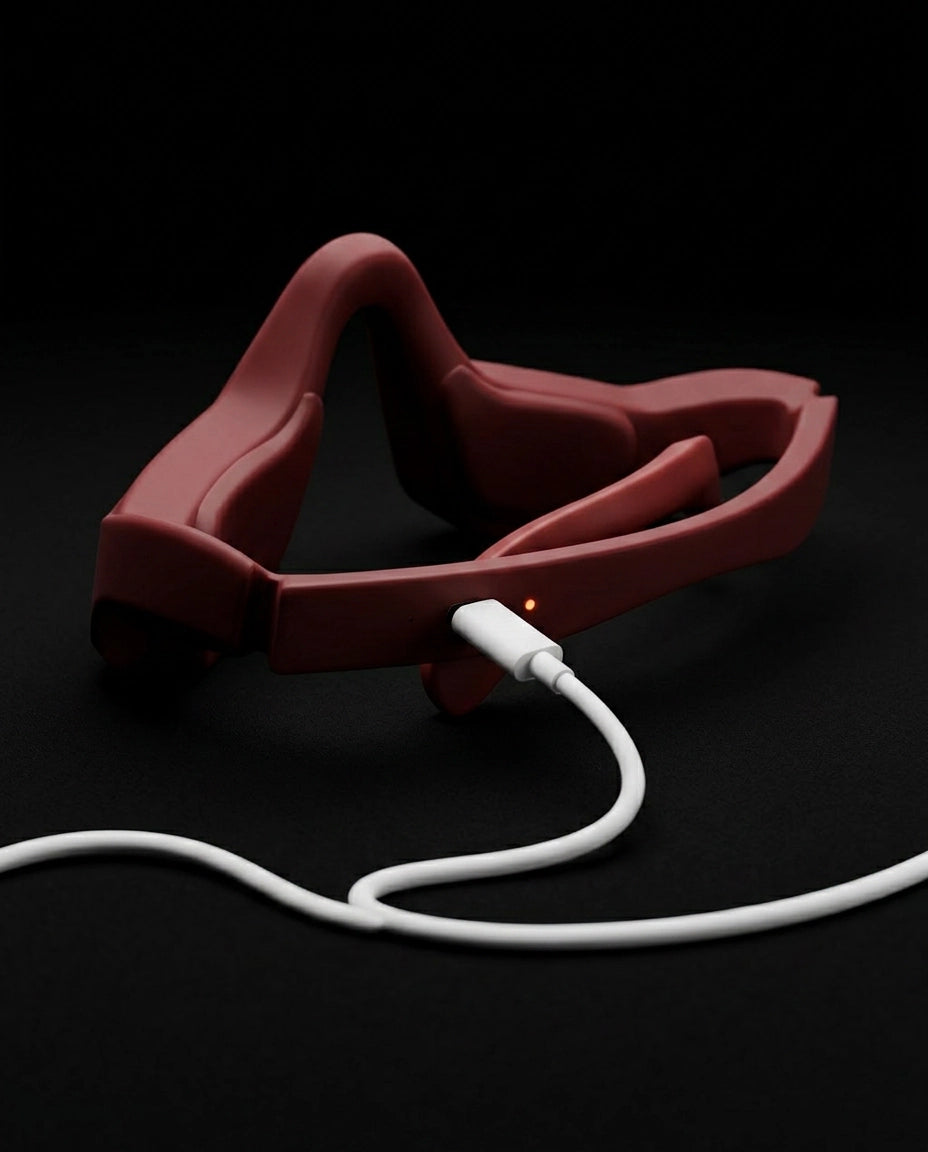 Augenmassagegerät in Brillenform – Rotes Gerät mit angeschlossenem Kabel
