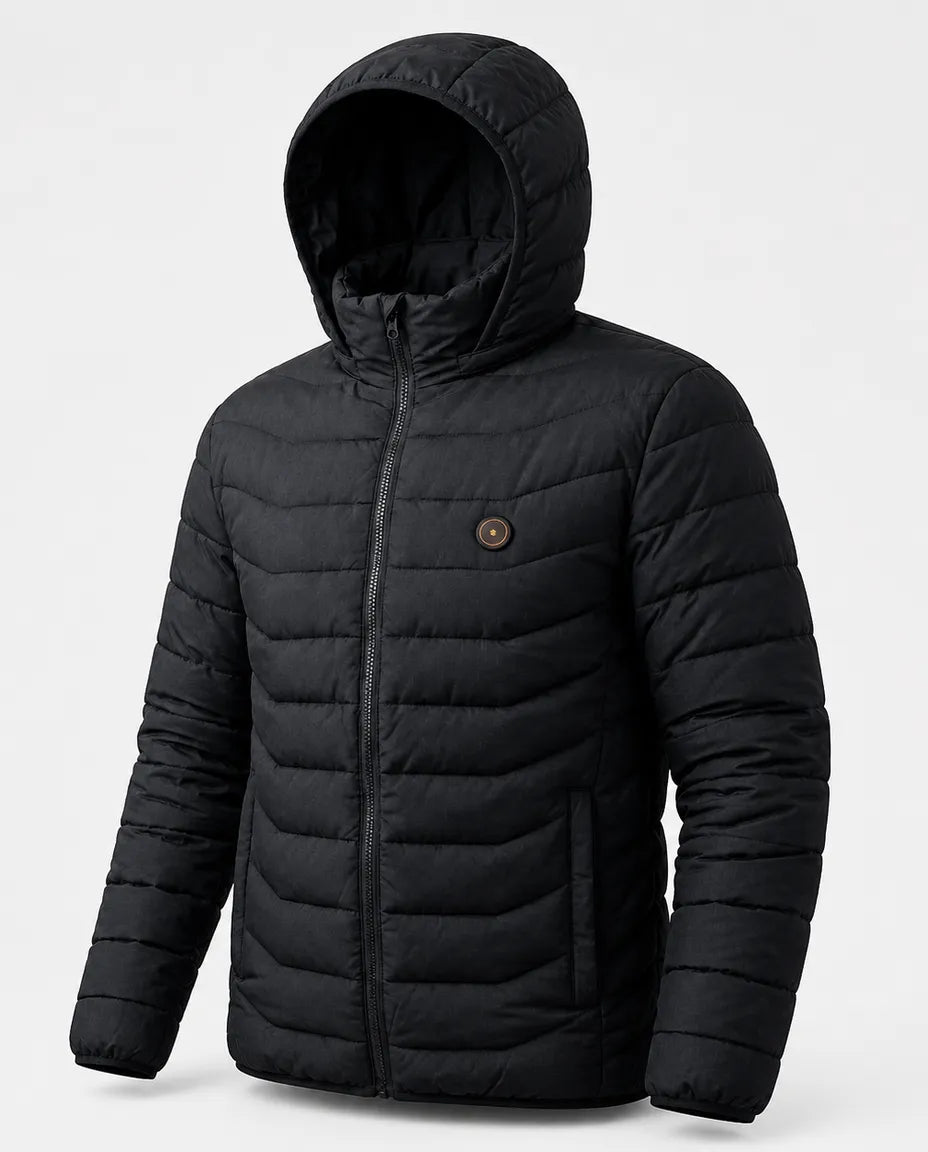 USB-Heizjacke mit abnehmbarer Kapuze – Schwarze Jacke mit geschlossenem Reißverschluss