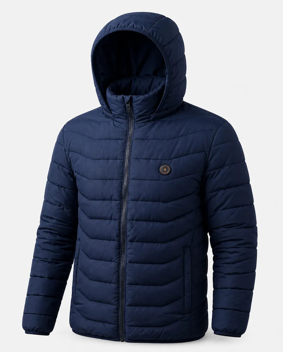 USB-Heizjacke mit abnehmbarer Kapuze – Blaue Jacke mit Kapuze von vorn
