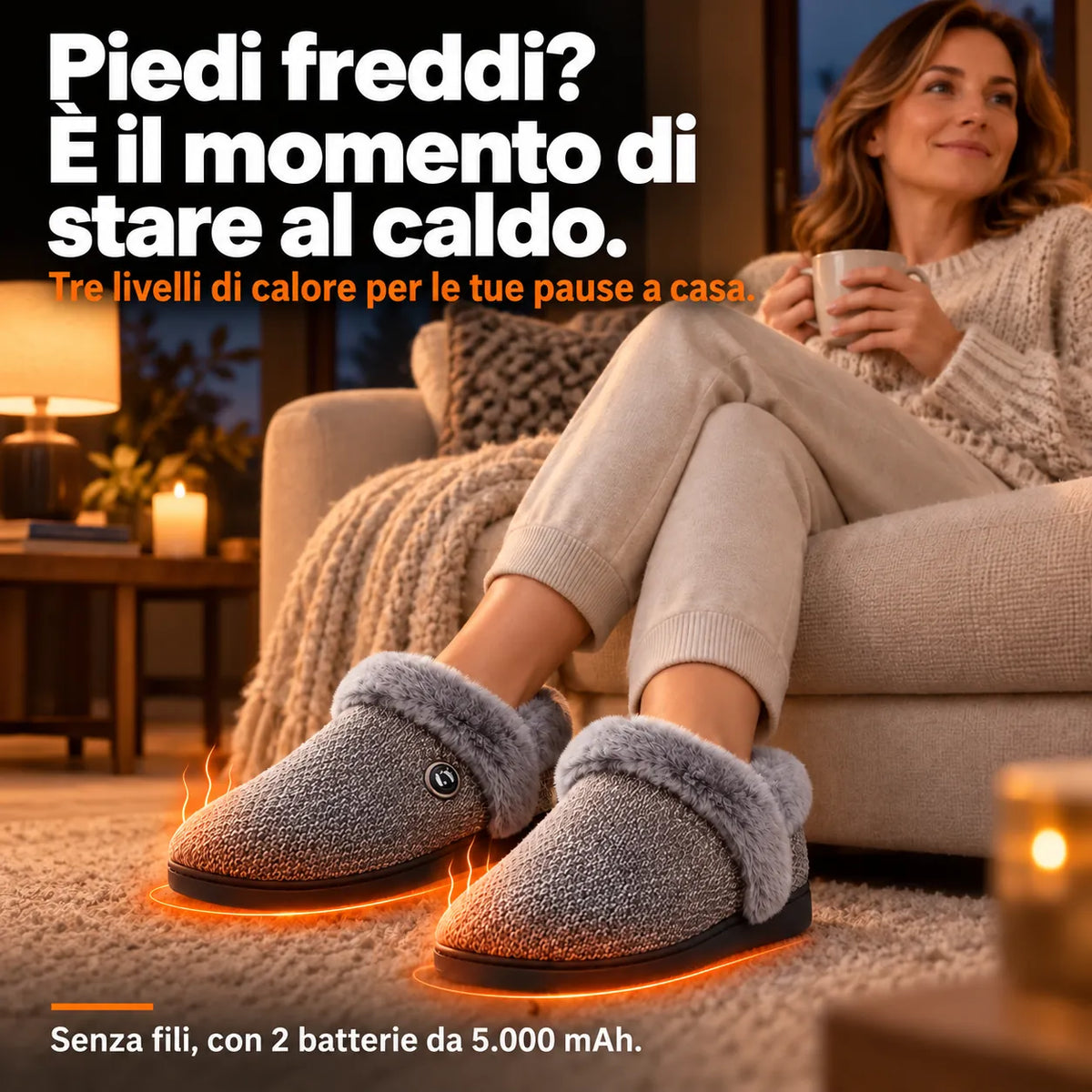 Donna si rilassa in poltrona con pantofole riscaldate grigie
