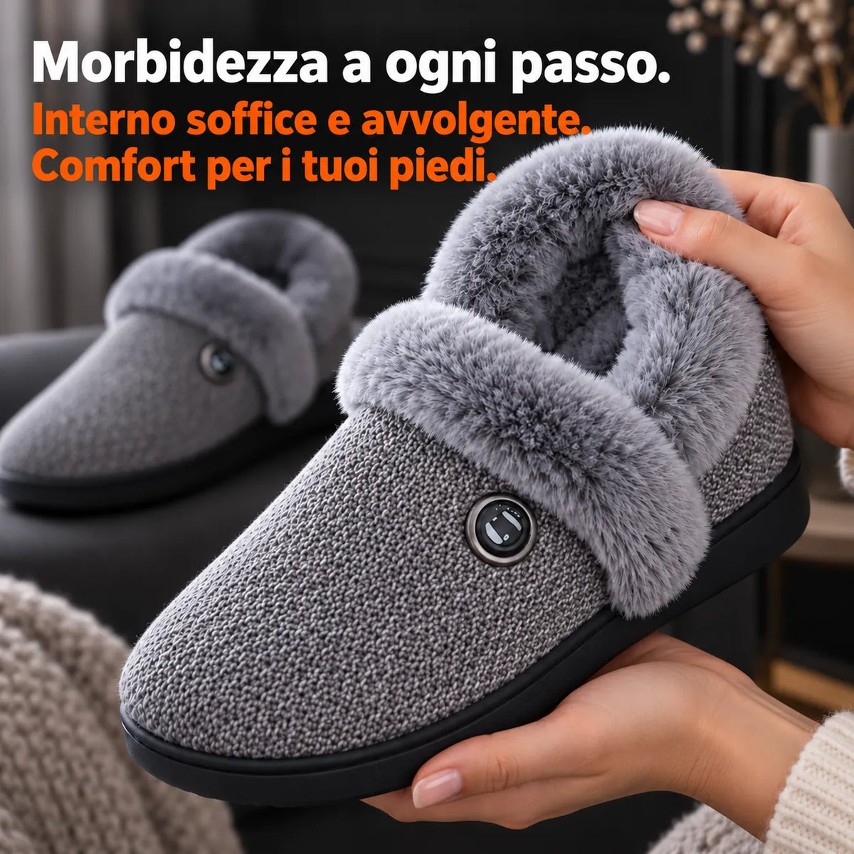 Mano mostra la morbida fodera in peluche delle pantofole riscaldate