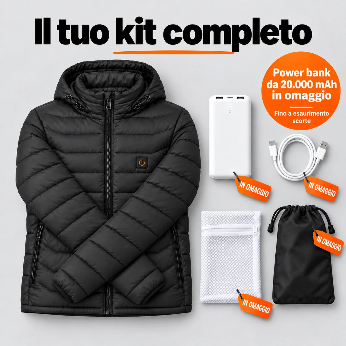 Set completo: Rangor, power bank da 20.000 mAh, cavo di ricarica, sacchetto per il bucato e borsa
