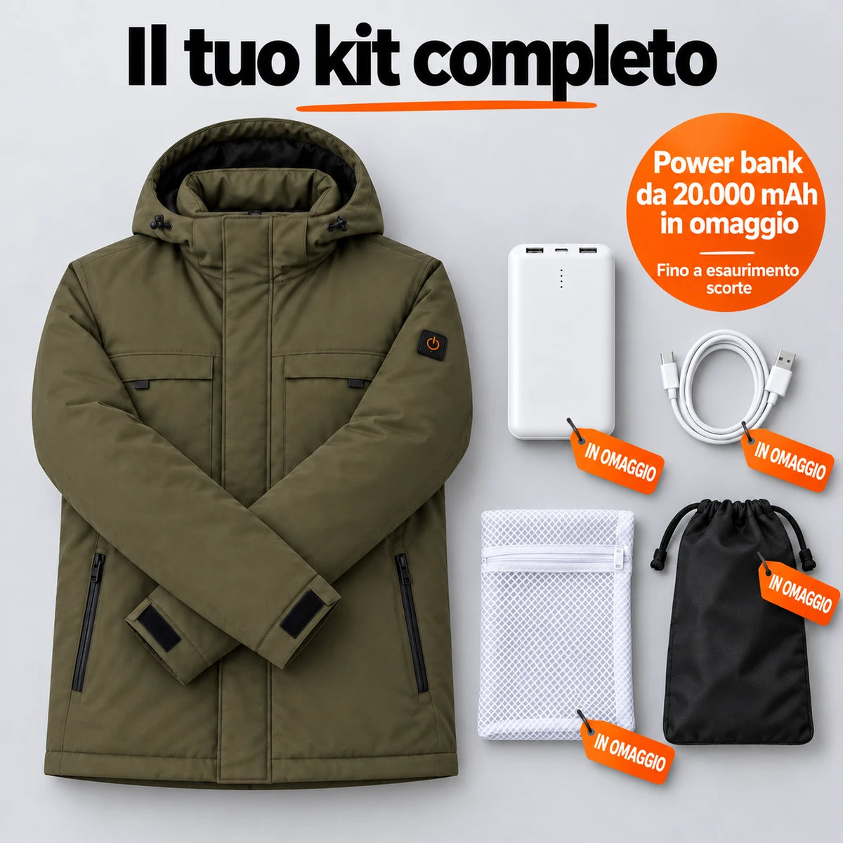 Set completo: Regaro, power bank da 20.000 mAh, cavo di ricarica, sacchetto per il bucato e borsa