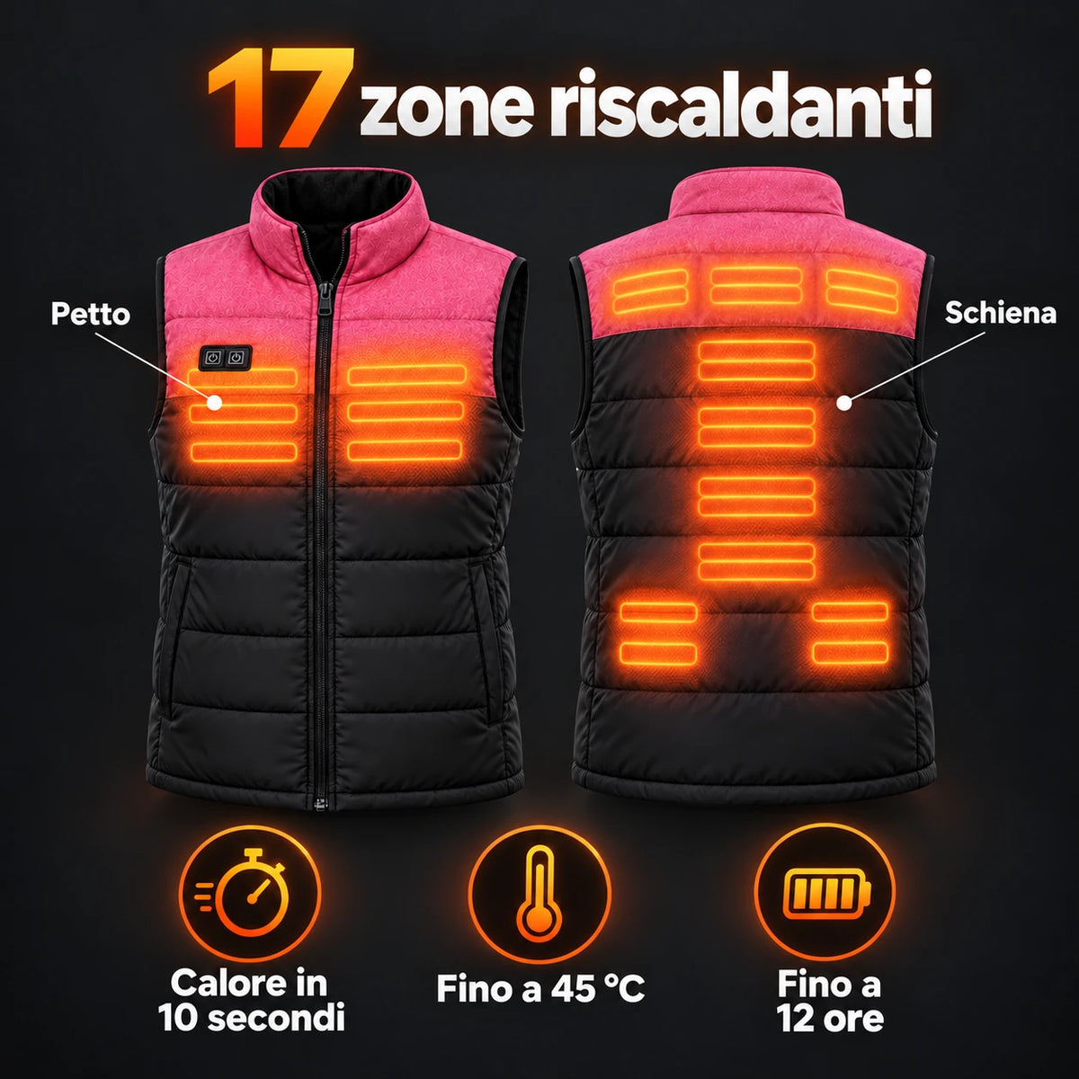 Gilet trapuntato riscaldato unisex PyreFit Rundor: 17 zone riscaldanti su petto e schiena