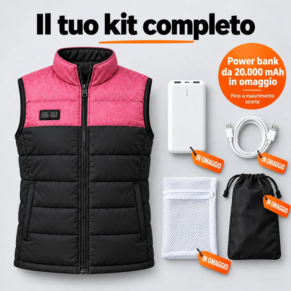 Set completo: Rundor, power bank da 20.000 mAh, cavo di ricarica, sacchetto per il bucato e borsa
