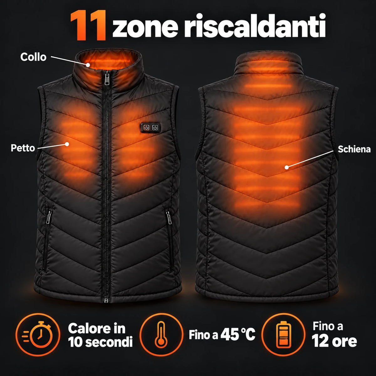Gilet riscaldato unisex in taglie forti PyreFit Schattor: 11 zone riscaldanti su petto, nuca e schiena