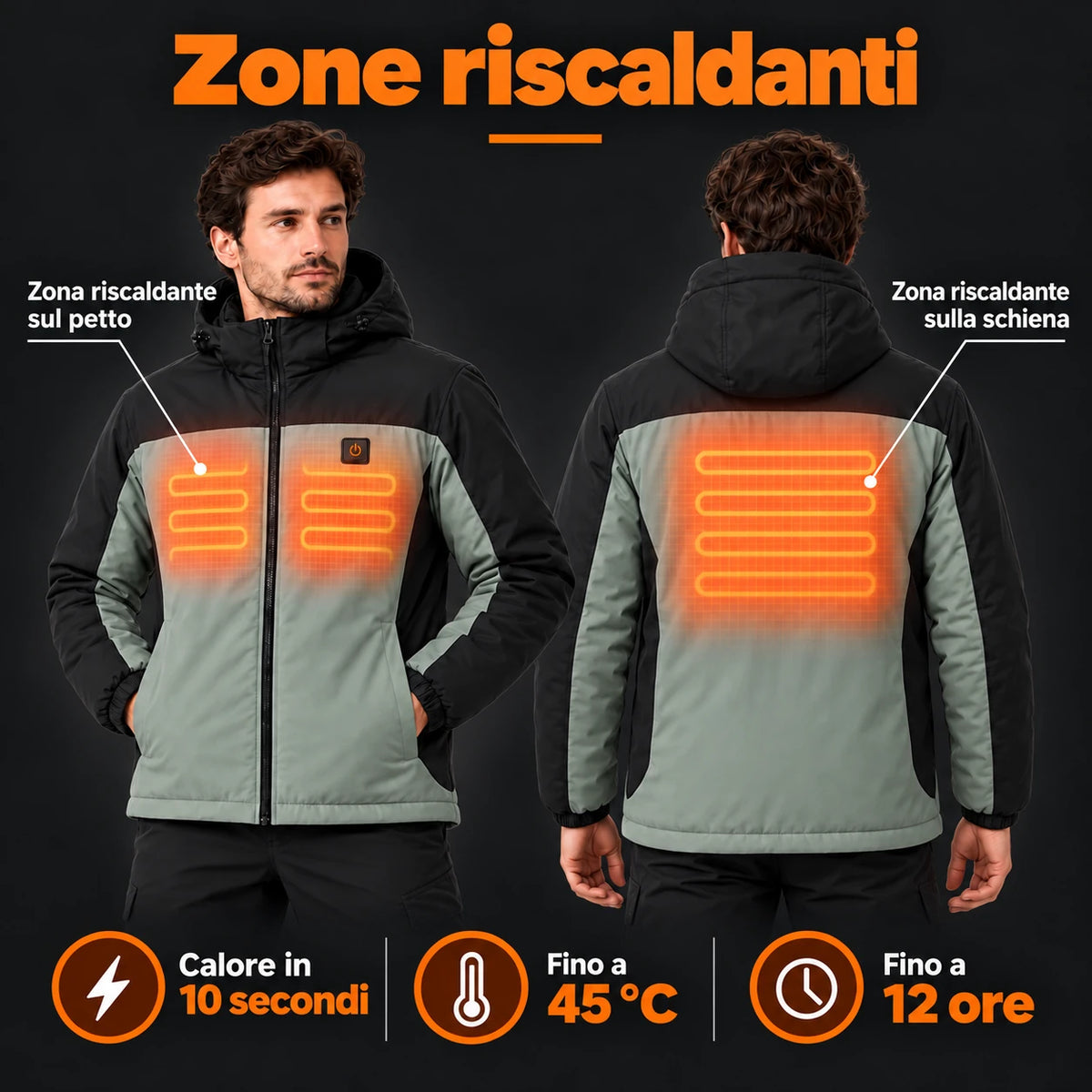 Parka riscaldato unisex PyreFit Schiefer: zone riscaldanti su petto e schiena