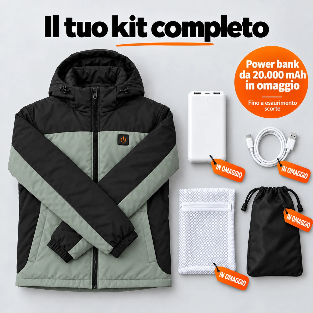 Set completo: Schiefer, power bank da 20.000 mAh, cavo di ricarica, sacchetto per il bucato e borsa