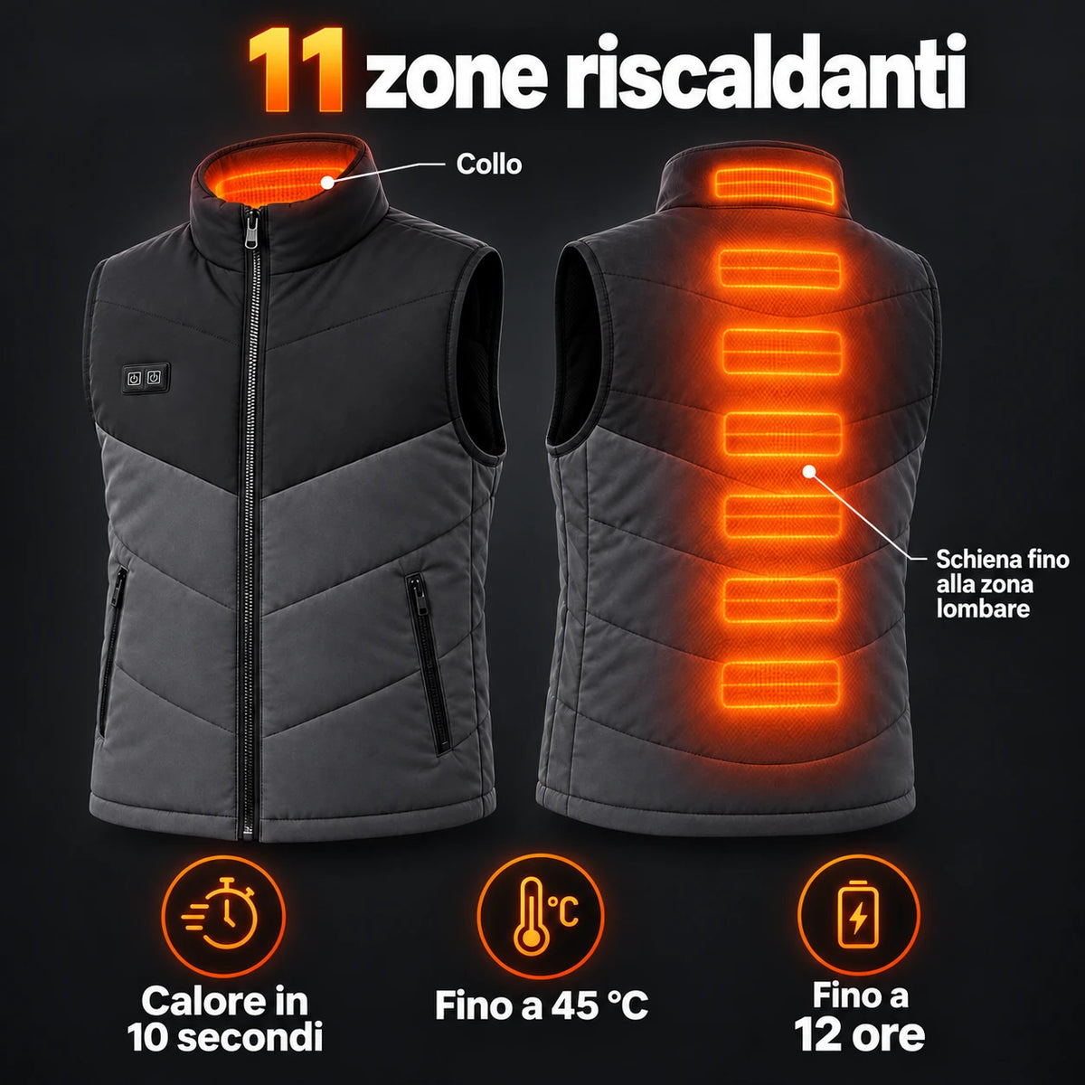 Gilet riscaldato da uomo PyreFit Sherpor: 11 zone riscaldanti dal colletto alla parte bassa della schiena
