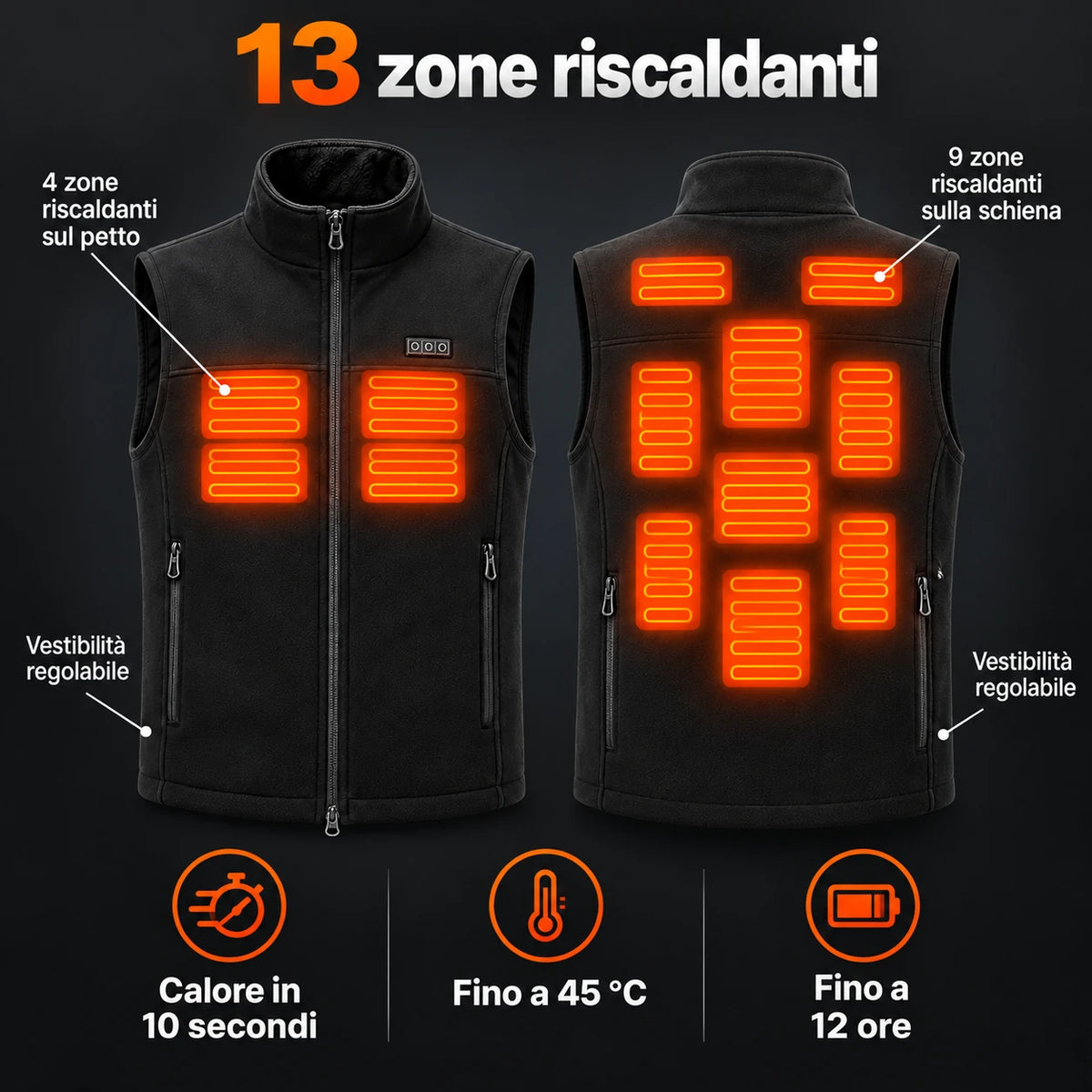 Gilet riscaldato unisex con vestibilità regolabile PyreFit Tarnor: 13 zone riscaldanti su petto (4 zone) e schiena (9 zone)
