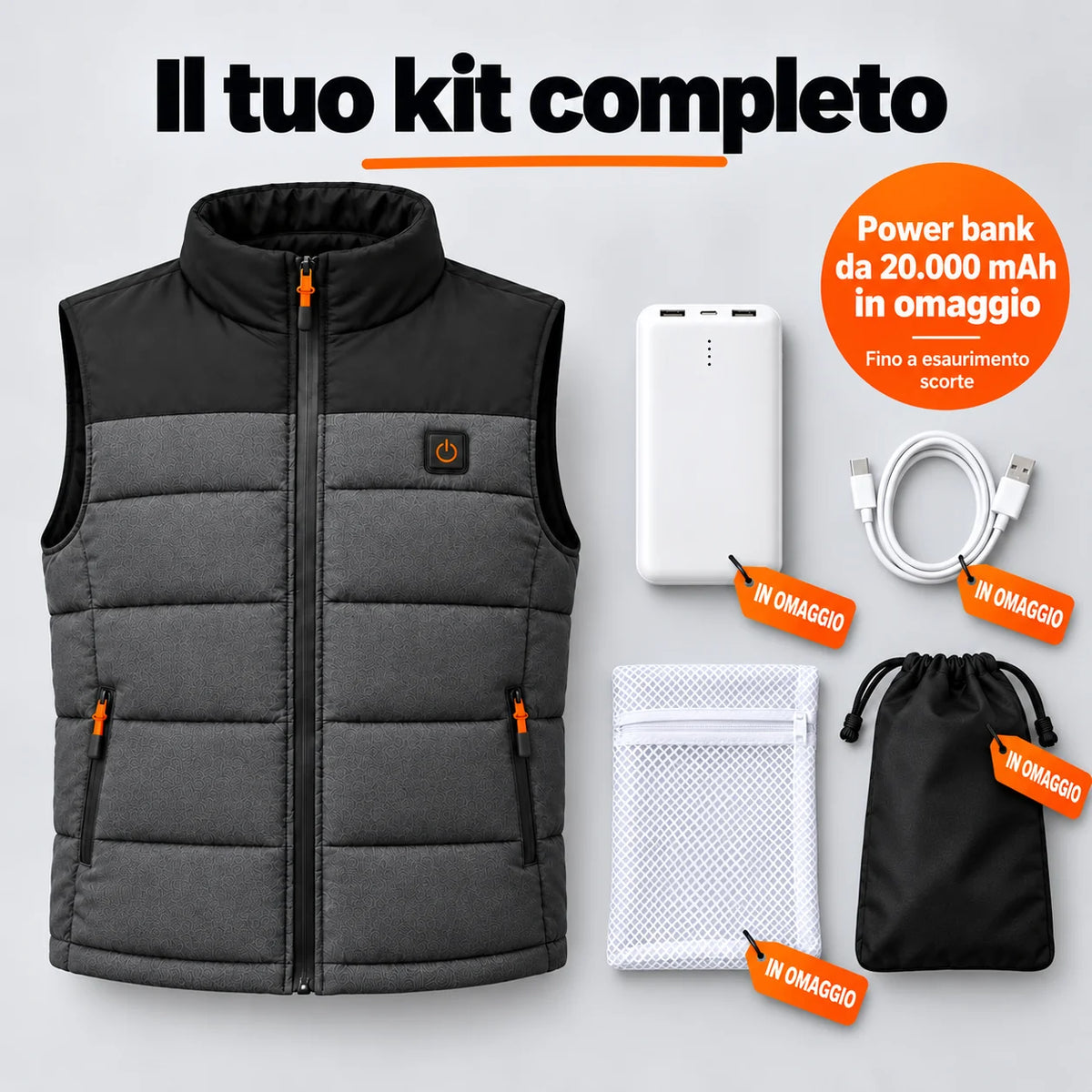 Set completo: Trailon, power bank da 20.000 mAh, cavo di ricarica, sacchetto per il bucato e borsa