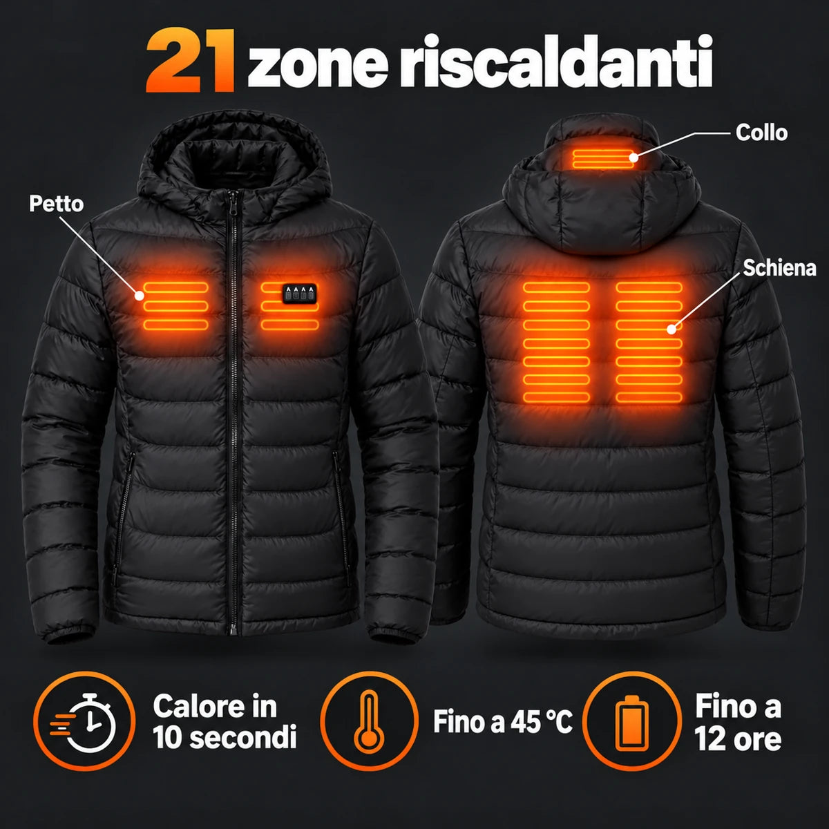 21 zone riscaldanti su petto, schiena e collo