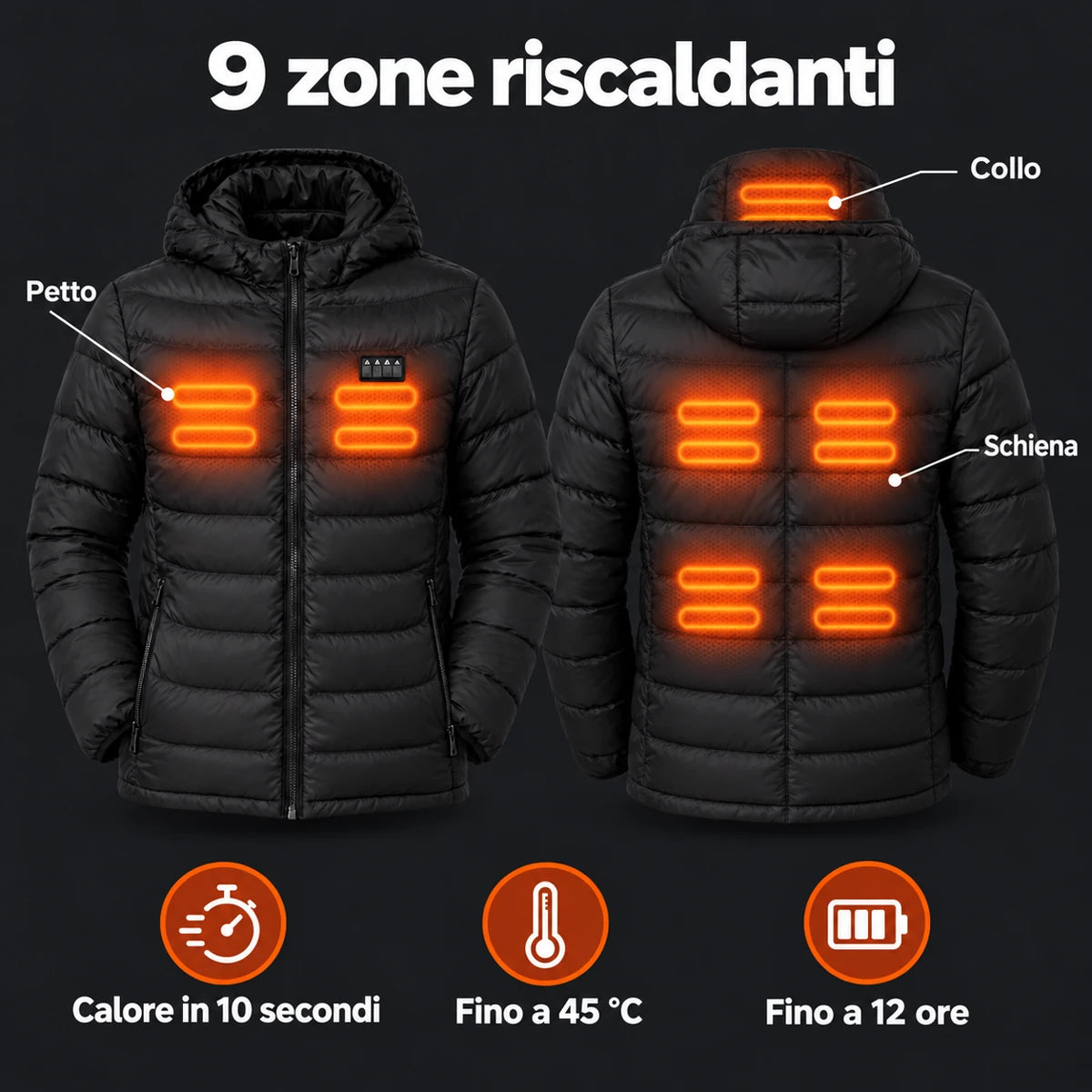 Piumino trapuntato riscaldato PyreFit: 9 zone riscaldanti su petto, schiena e nuca