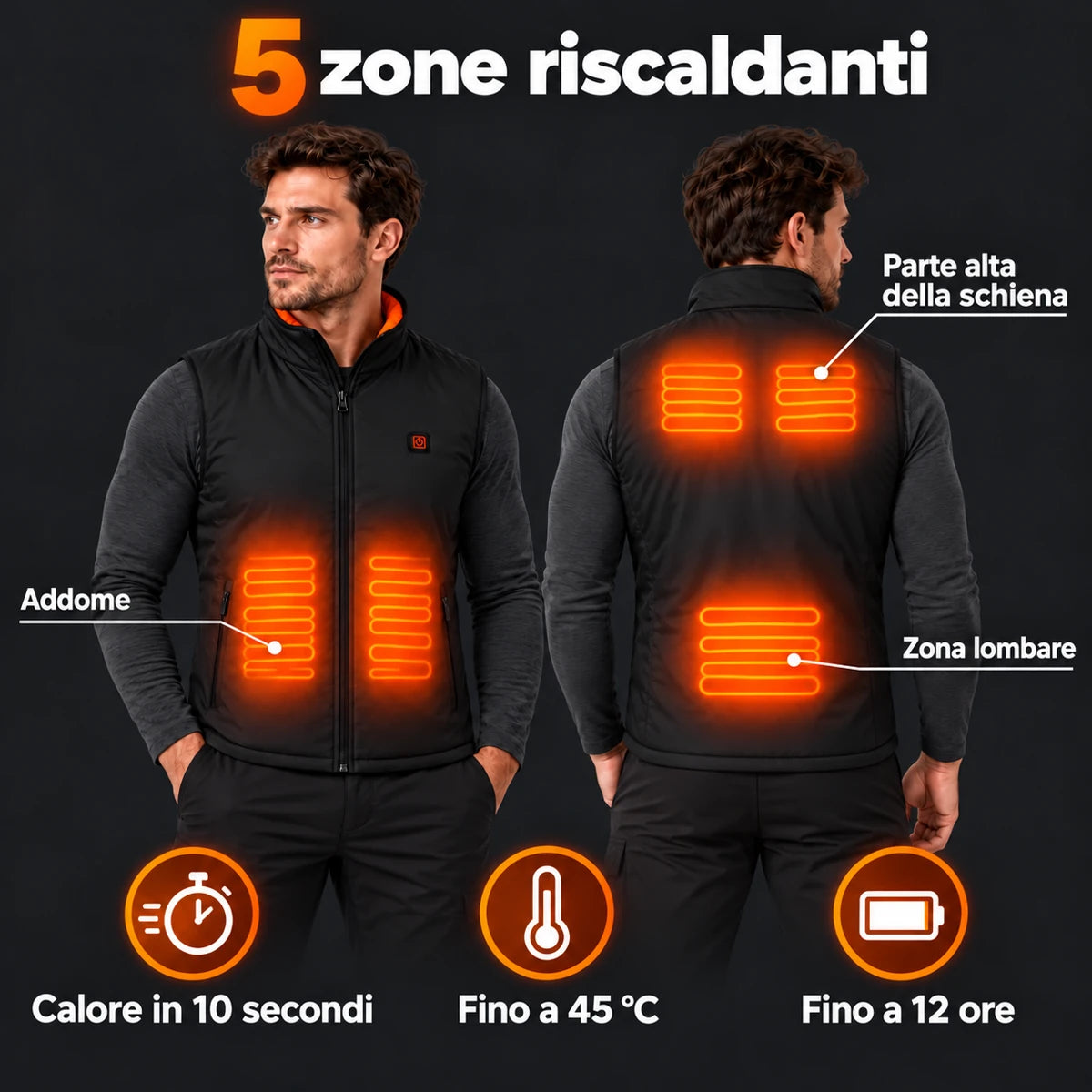 Gilet sportivo riscaldato da uomo PyreFit Ventaro: 5 zone riscaldanti su addome, parte alta della schiena e zona lombare