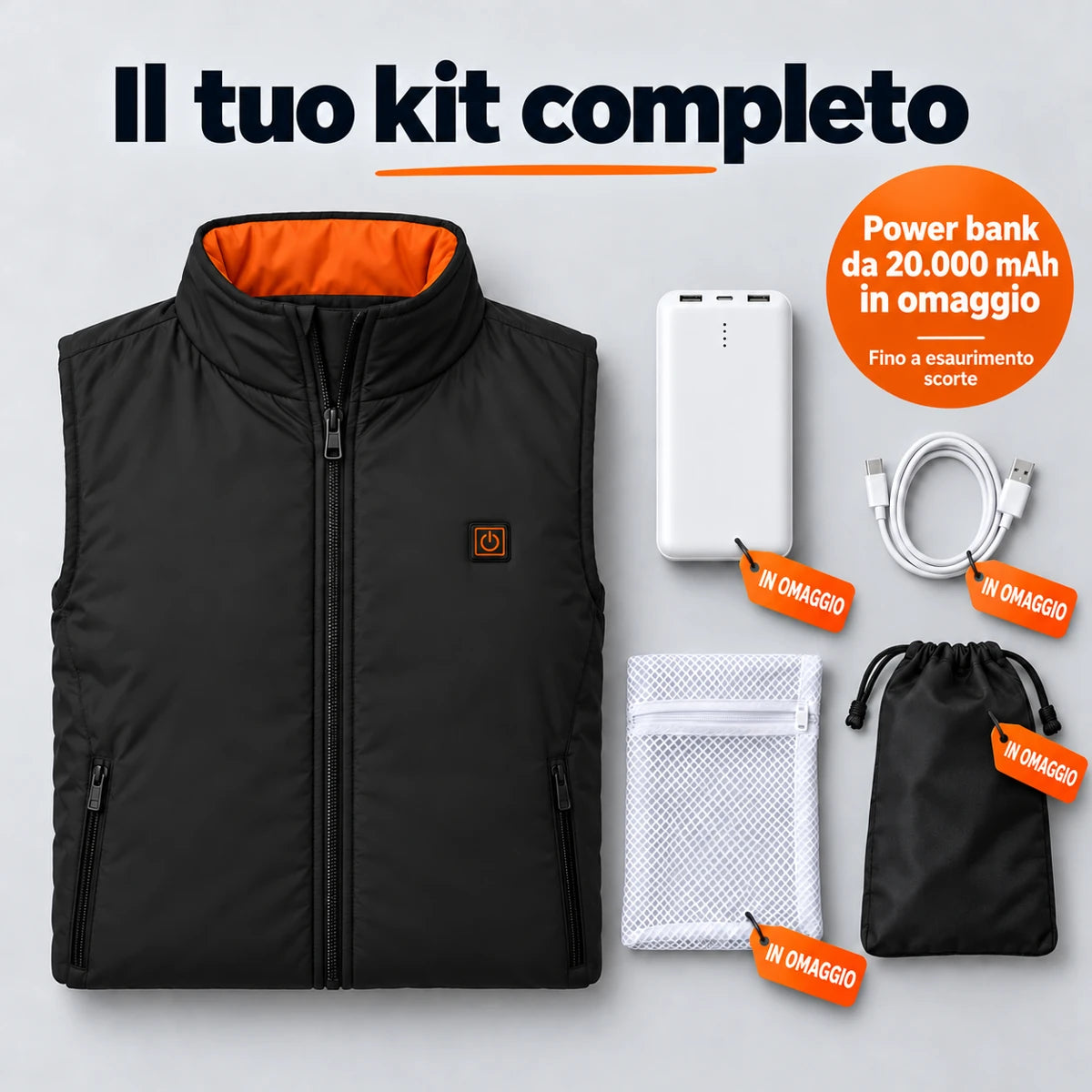 Set completo: Ventaro, power bank da 20.000 mAh, cavo di ricarica, sacchetto per il bucato e borsa