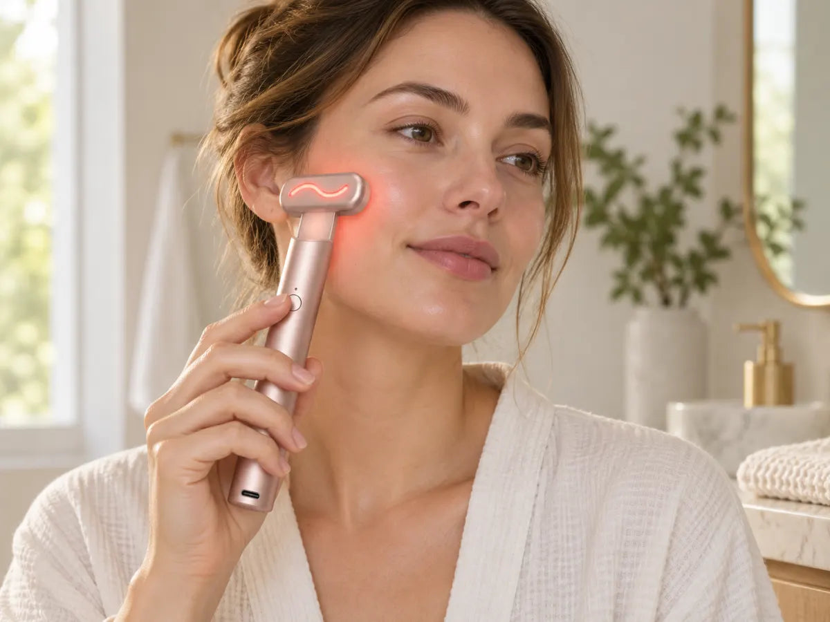 Dispositivo a luce rossa per il viso con impugnatura — momento quotidiano