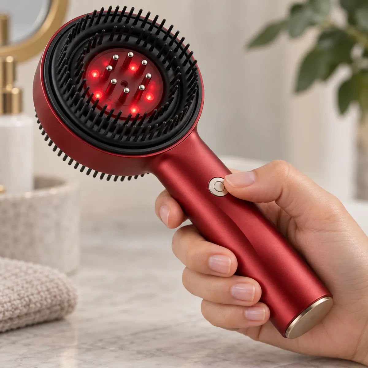 Spazzola massaggiante per il cuoio capelluto con luce rossa — materiale e comandi