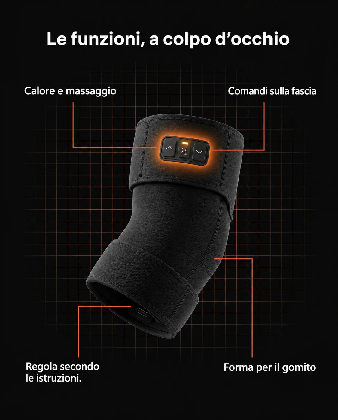 Fascia riscaldante per il gomito – Le funzioni, a colpo d’occhio