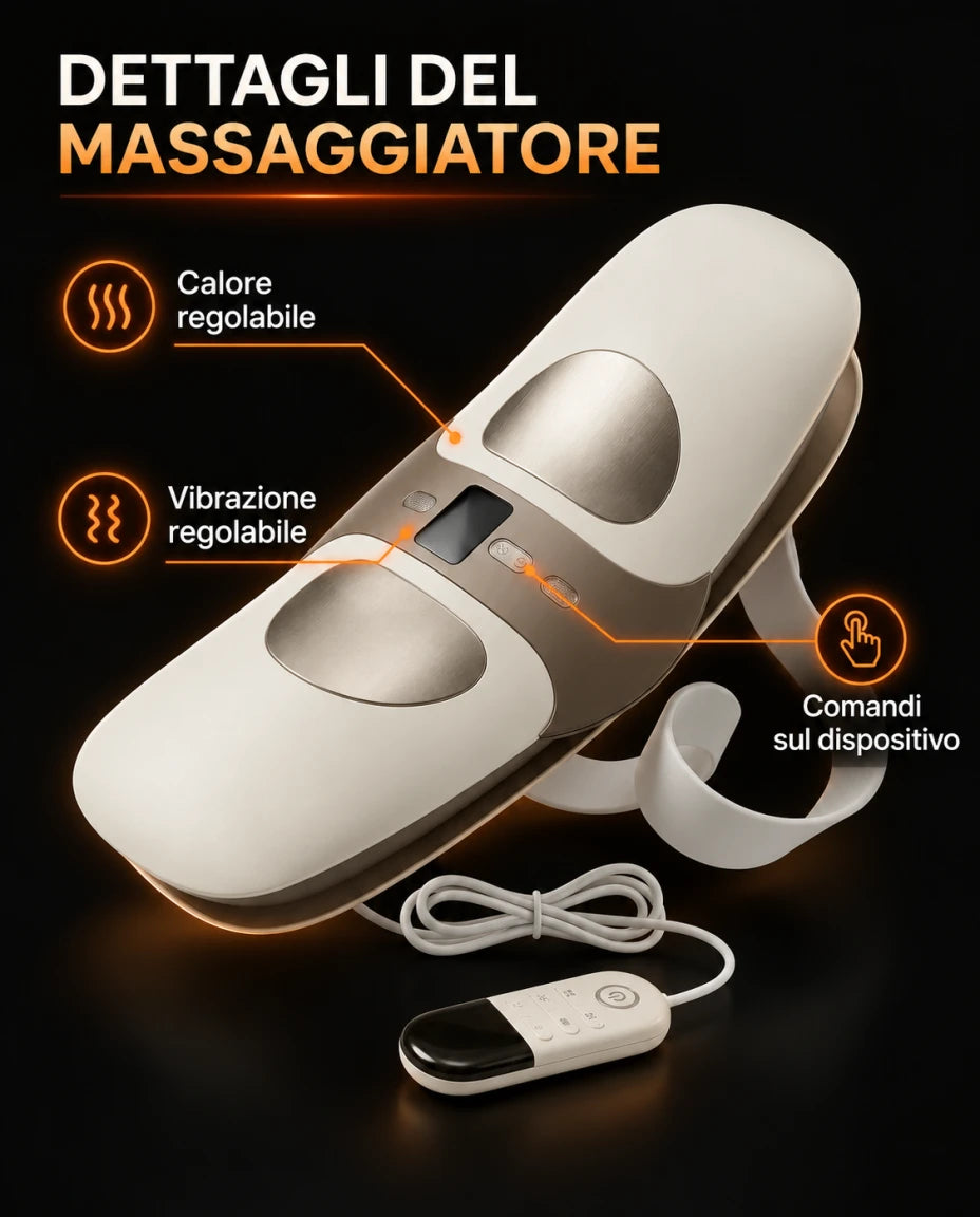 DETTAGLI DEL MASSAGGIATORE — Calore regolabile — Vibrazione regolabile — Comandi sul dispositivo