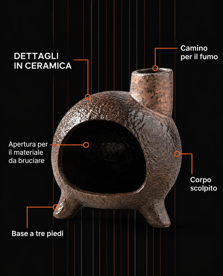 DETTAGLI IN CERAMICA — Apertura per il materiale da bruciare — Camino per il fumo — Corpo scolpito — Base a tre piedi