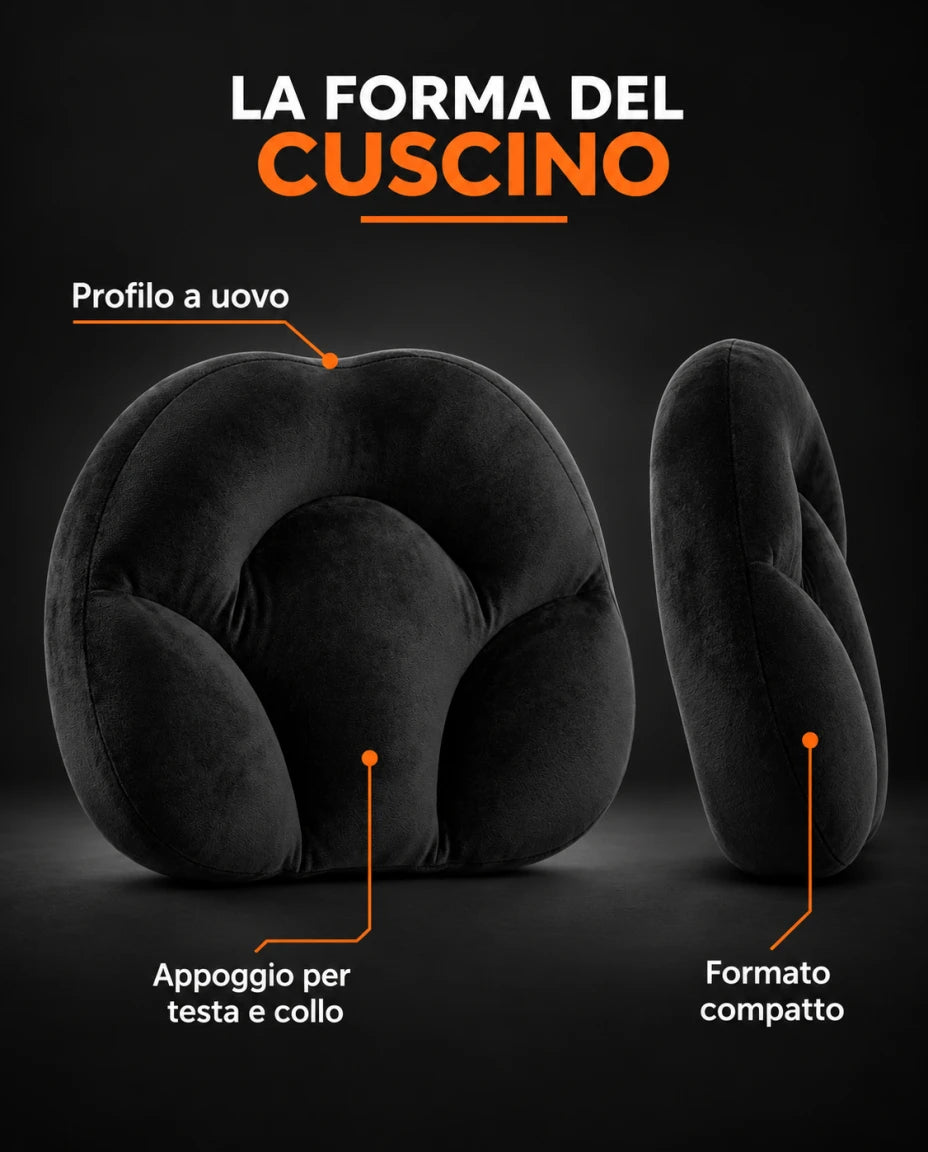 LA FORMA DEL CUSCINO — Profilo a uovo — Appoggio per testa e collo — Formato compatto