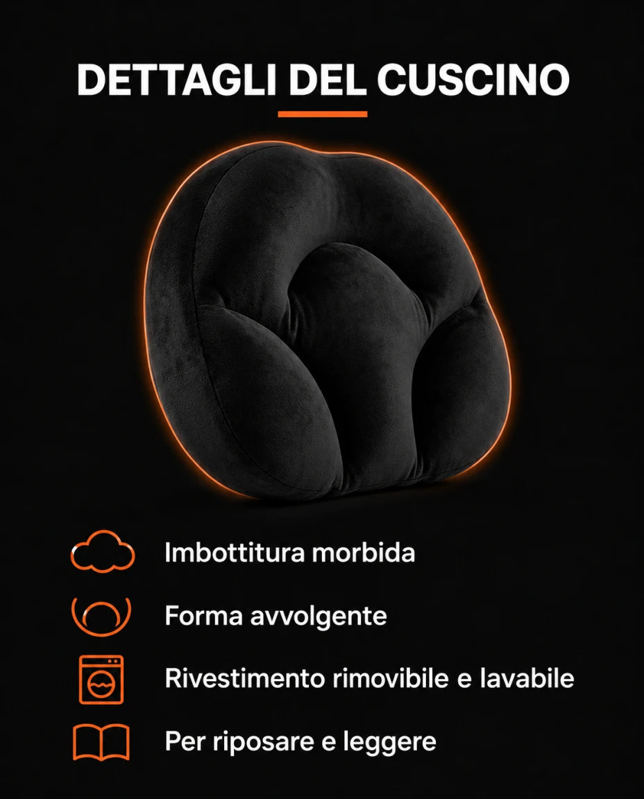 DETTAGLI DEL CUSCINO — Imbottitura morbida — Forma avvolgente — Rivestimento rimovibile e lavabile — Per riposare e leggere