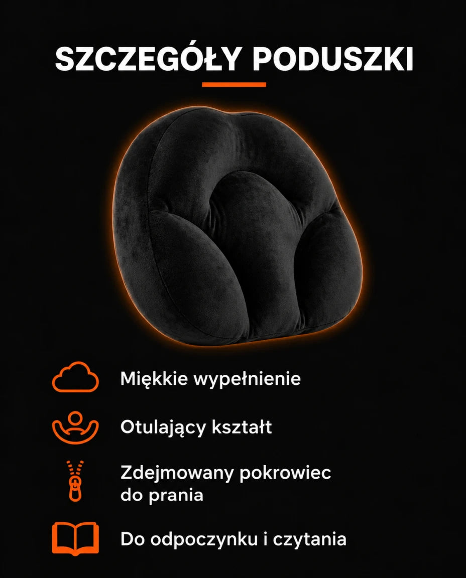 SZCZEGÓŁY PODUSZKI — Miękkie wypełnienie — Otulający kształt — Zdejmowany pokrowiec do prania — Do odpoczynku i czytania