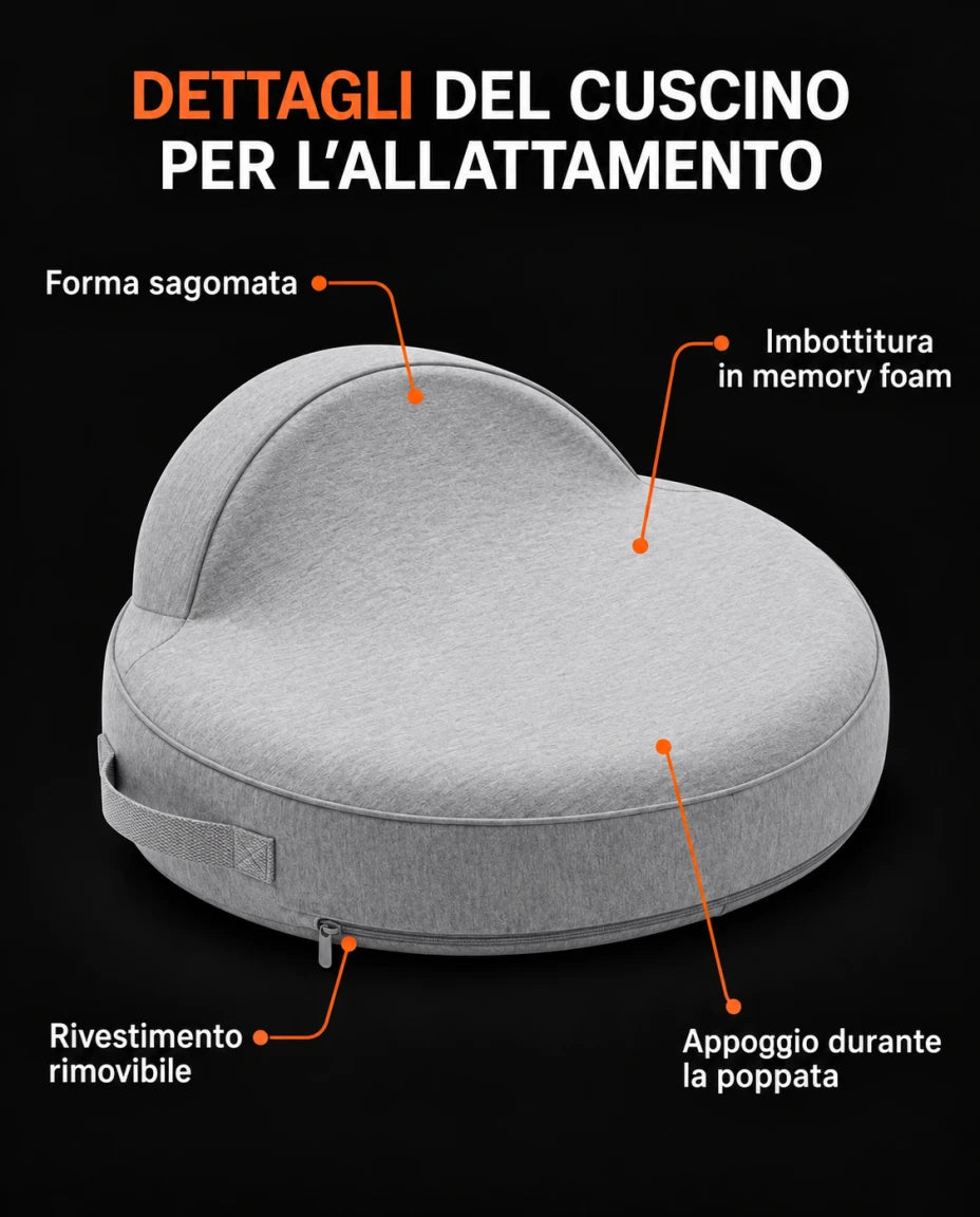 DETTAGLI DEL CUSCINO PER L’ALLATTAMENTO — Forma sagomata — Imbottitura in memory foam — Rivestimento rimovibile — Appoggio durante la poppata
