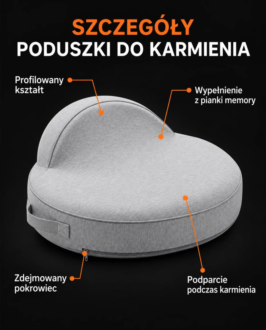 SZCZEGÓŁY PODUSZKI DO KARMIENIA — Profilowany kształt — Wypełnienie z pianki memory — Zdejmowany pokrowiec — Podparcie podczas karmienia