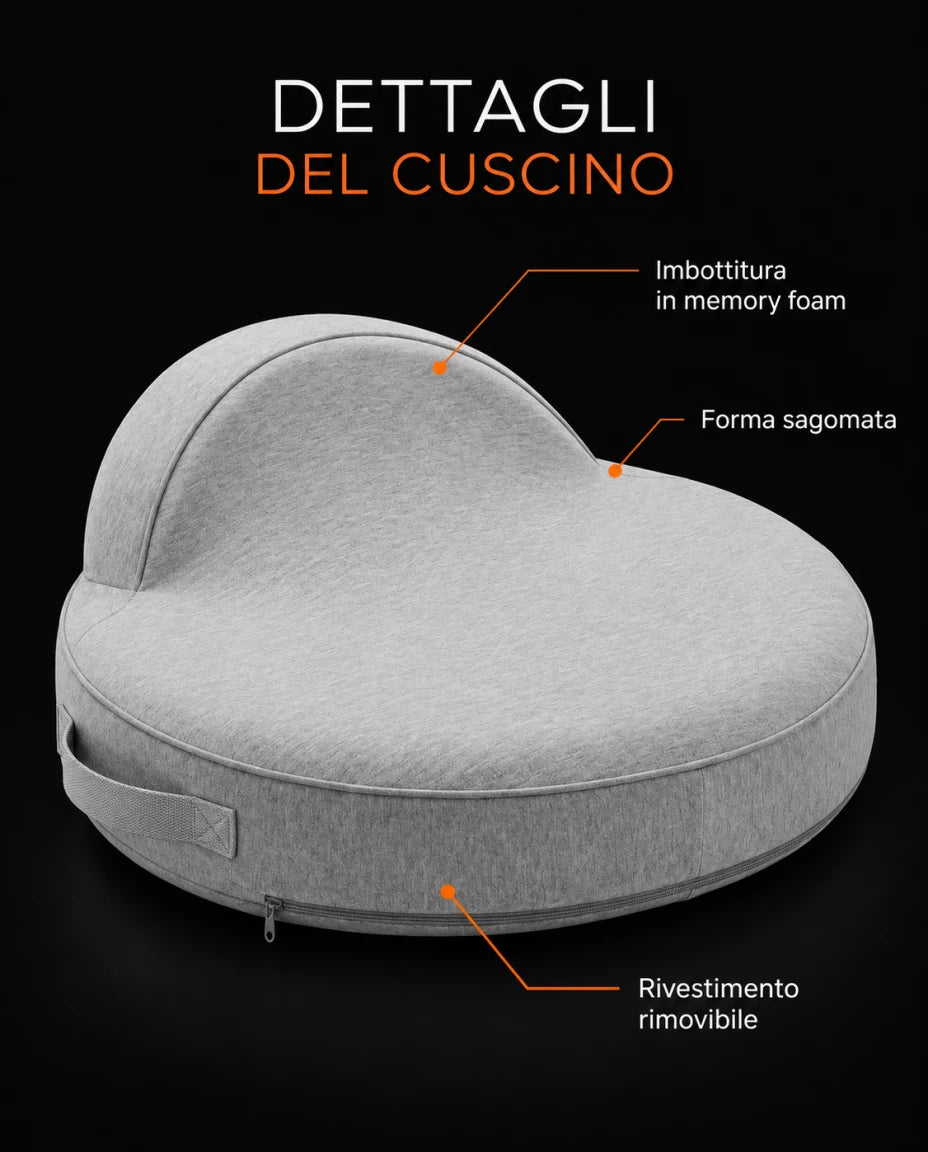 DETTAGLI DEL CUSCINO — Imbottitura in memory foam — Forma sagomata — Rivestimento rimovibile
