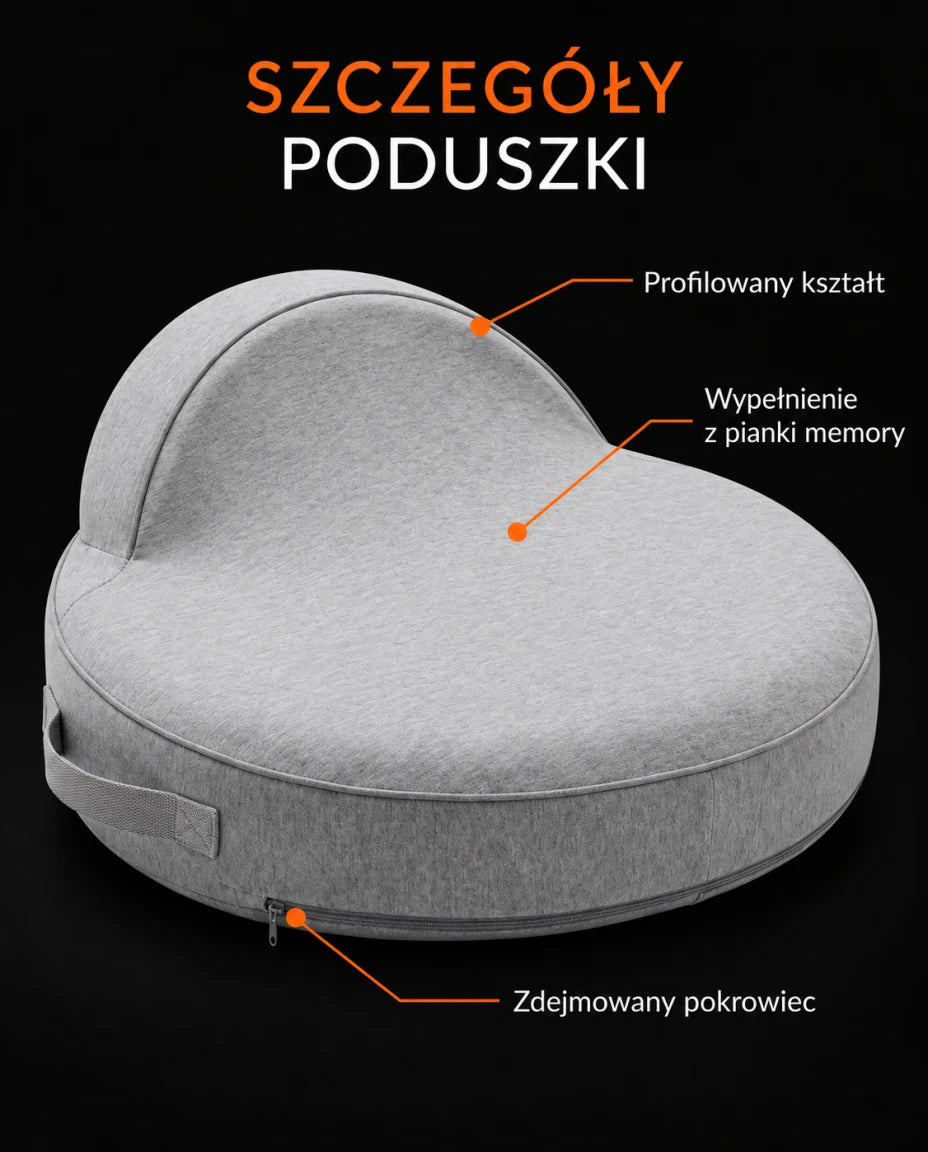 SZCZEGÓŁY PODUSZKI — Wypełnienie z pianki memory — Profilowany kształt — Zdejmowany pokrowiec