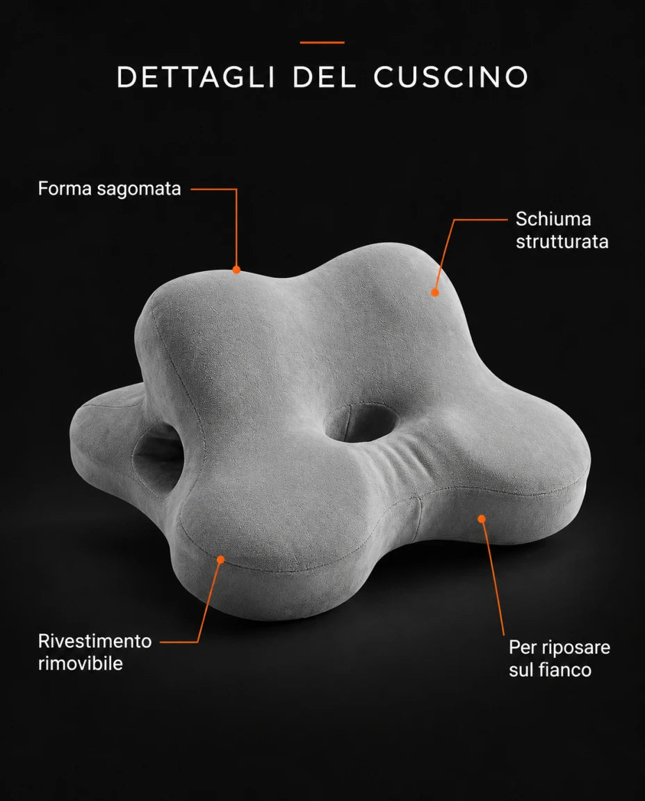 DETTAGLI DEL CUSCINO — Forma sagomata — Schiuma strutturata — Rivestimento rimovibile — Per riposare sul fianco