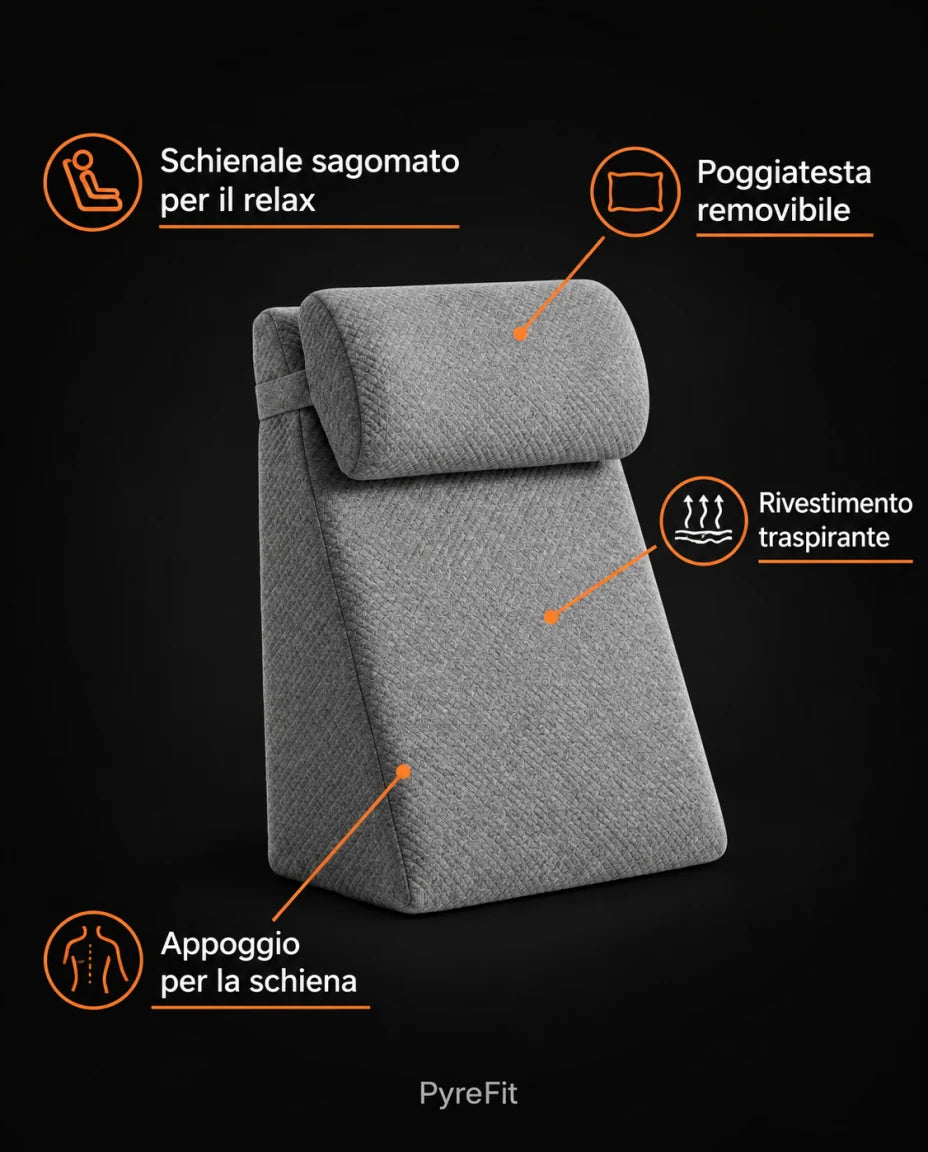 Schienale sagomato per il relax · Poggiatesta removibile · Rivestimento traspirante · Appoggio per la schiena