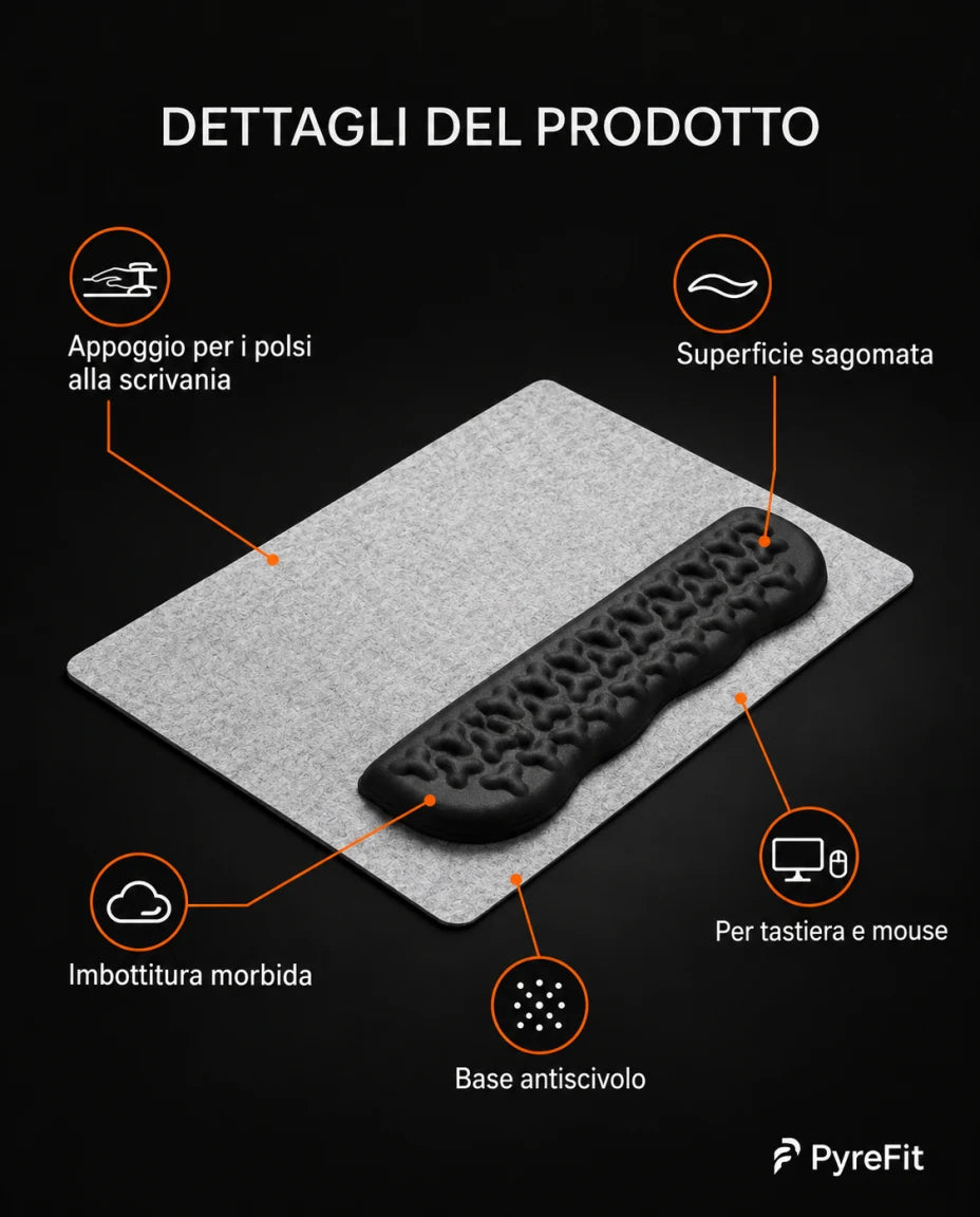 Appoggio per i polsi alla scrivania · Superficie sagomata · Imbottitura morbida · Base antiscivolo · Per tastiera e mouse