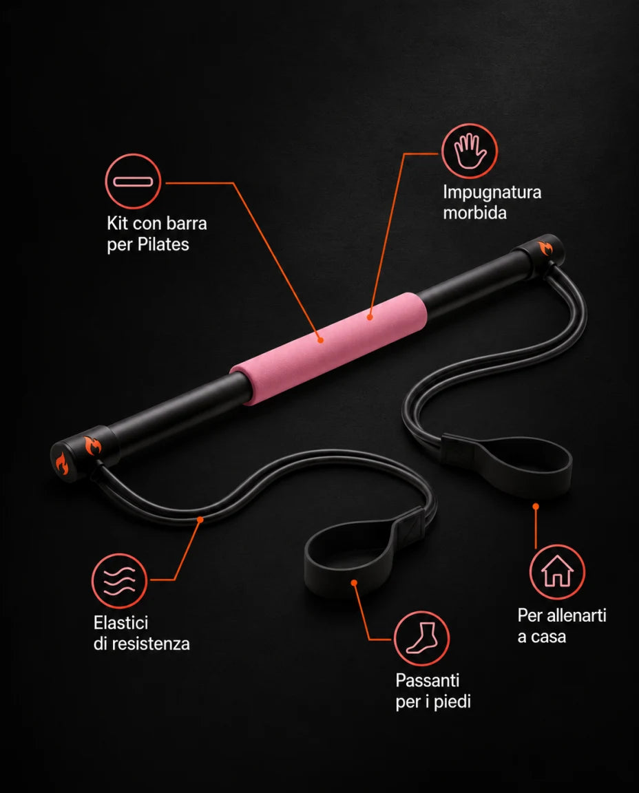 Kit con barra per Pilates · Impugnatura morbida · Elastici di resistenza · Passanti per i piedi · Per allenarti a casa