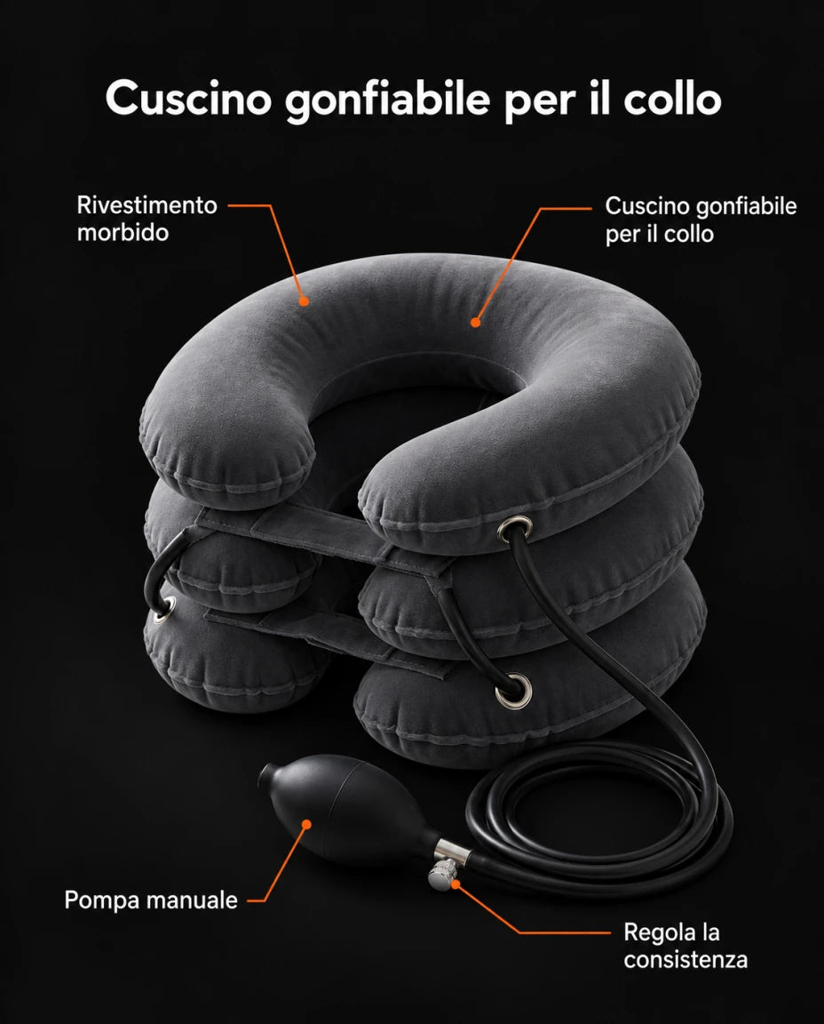 Cuscino gonfiabile per il collo — Rivestimento morbido — Pompa manuale — Regola la consistenza