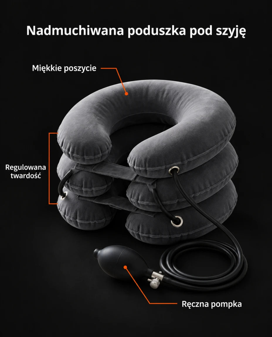 Nadmuchiwana poduszka pod szyję — Miękkie poszycie — Ręczna pompka — Regulowana twardość