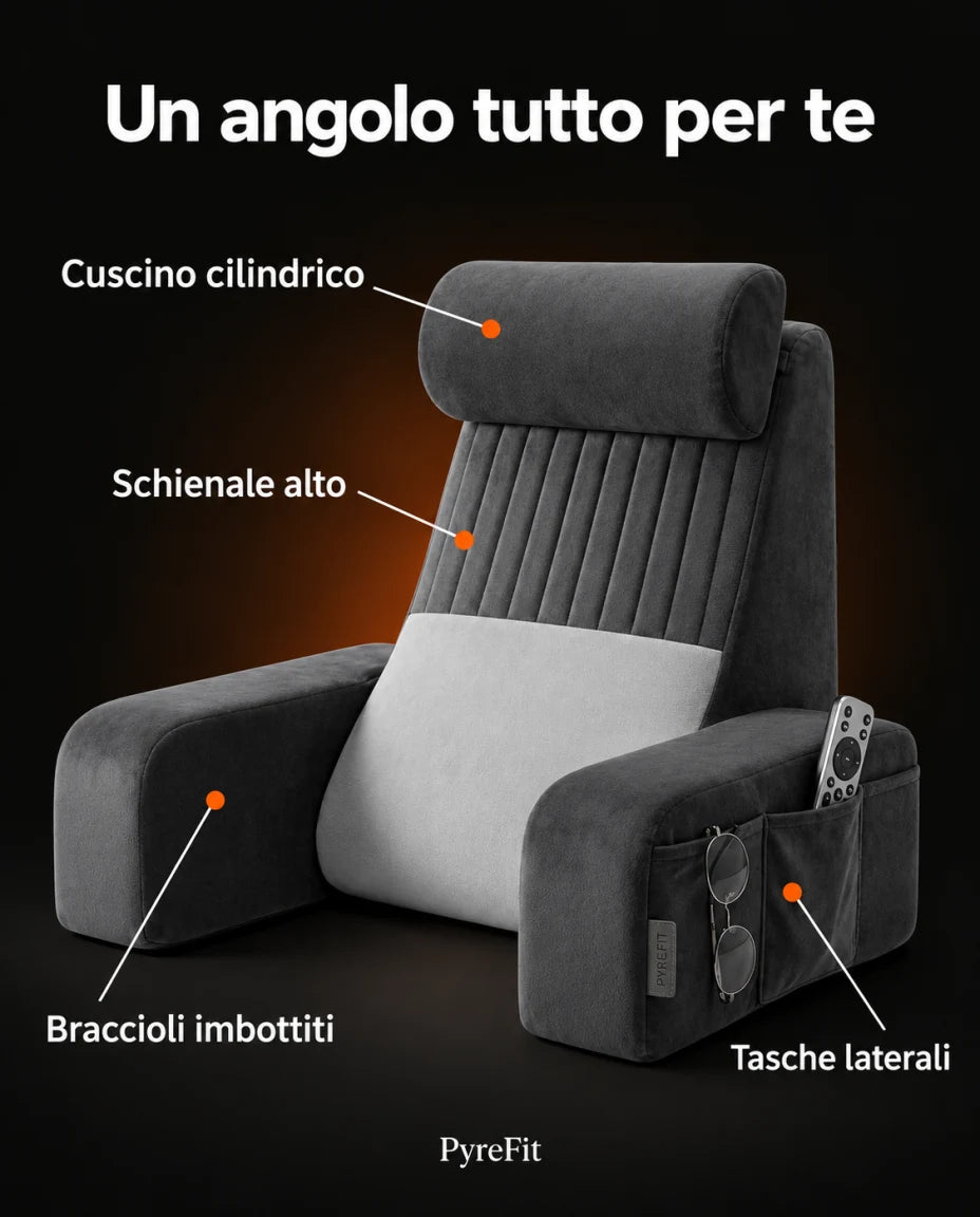 Cuscino da lettura con schienale, braccioli e tasche laterali