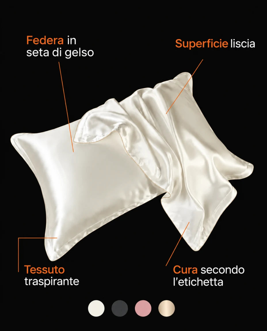 Federa in seta di gelso · Superficie liscia · Tessuto traspirante · Cura secondo l’etichetta