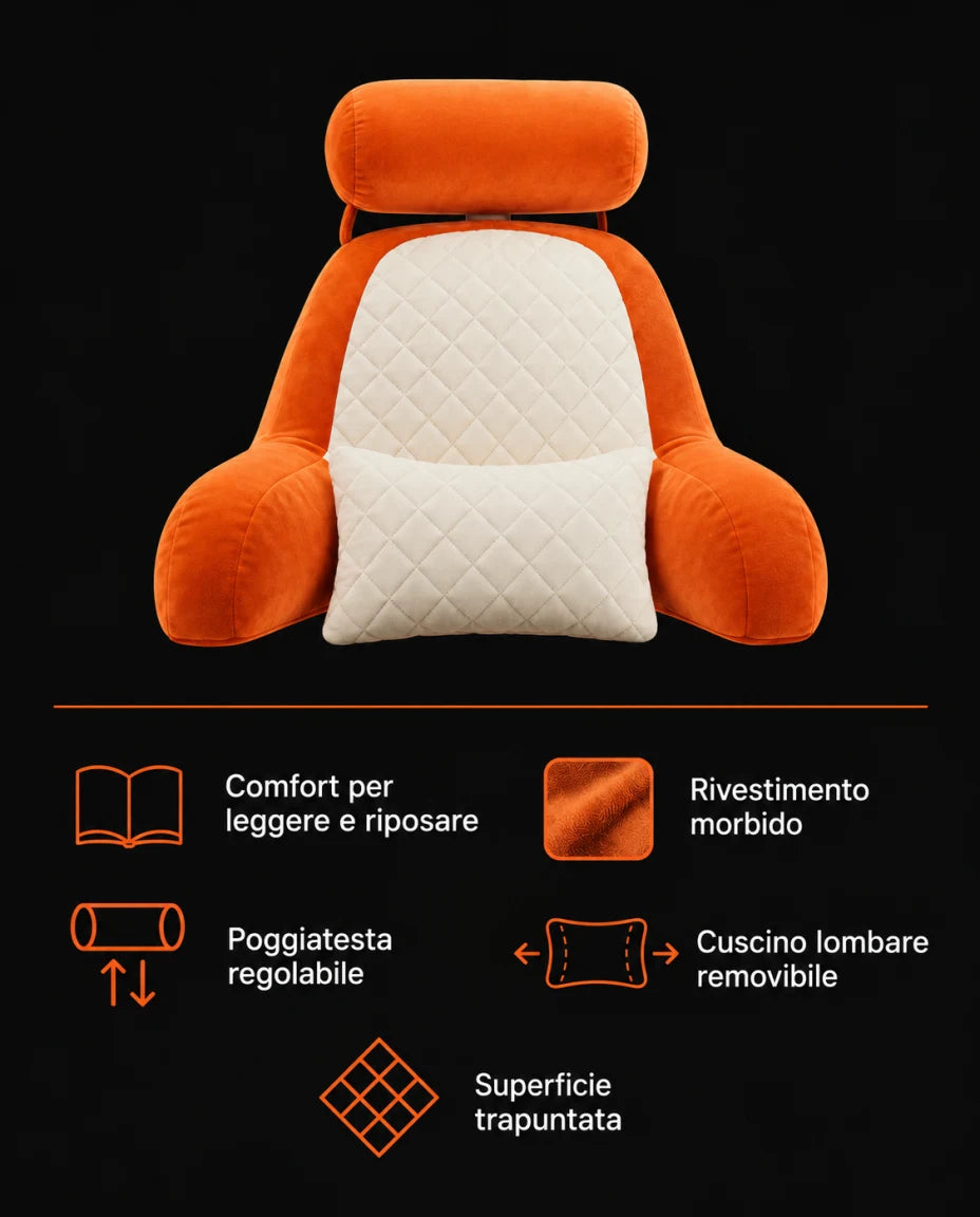 Comfort per leggere e riposare · Rivestimento morbido · Poggiatesta regolabile · Cuscino lombare removibile · Superficie trapuntata