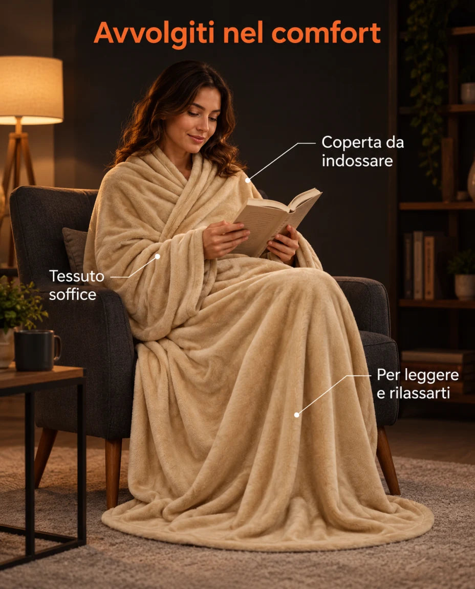 Avvolgiti nel comfort · Coperta da indossare · Tessuto soffice · Per leggere e rilassarti