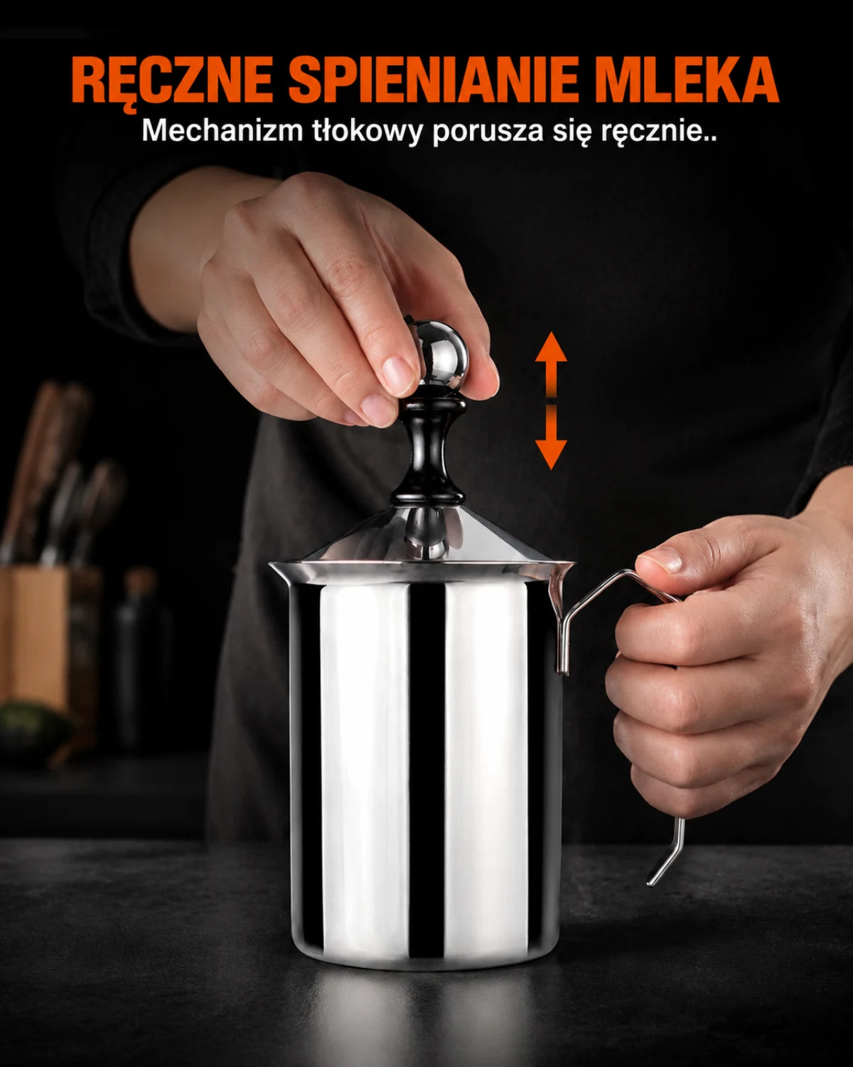 Ręczne spienianie mleka · Mechanizm tłokowy porusza się ręcznie.