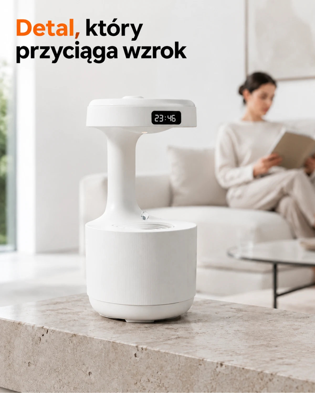 Nawilżacz z efektem kropli i zegarem LED — Detal, który przyciąga wzrok