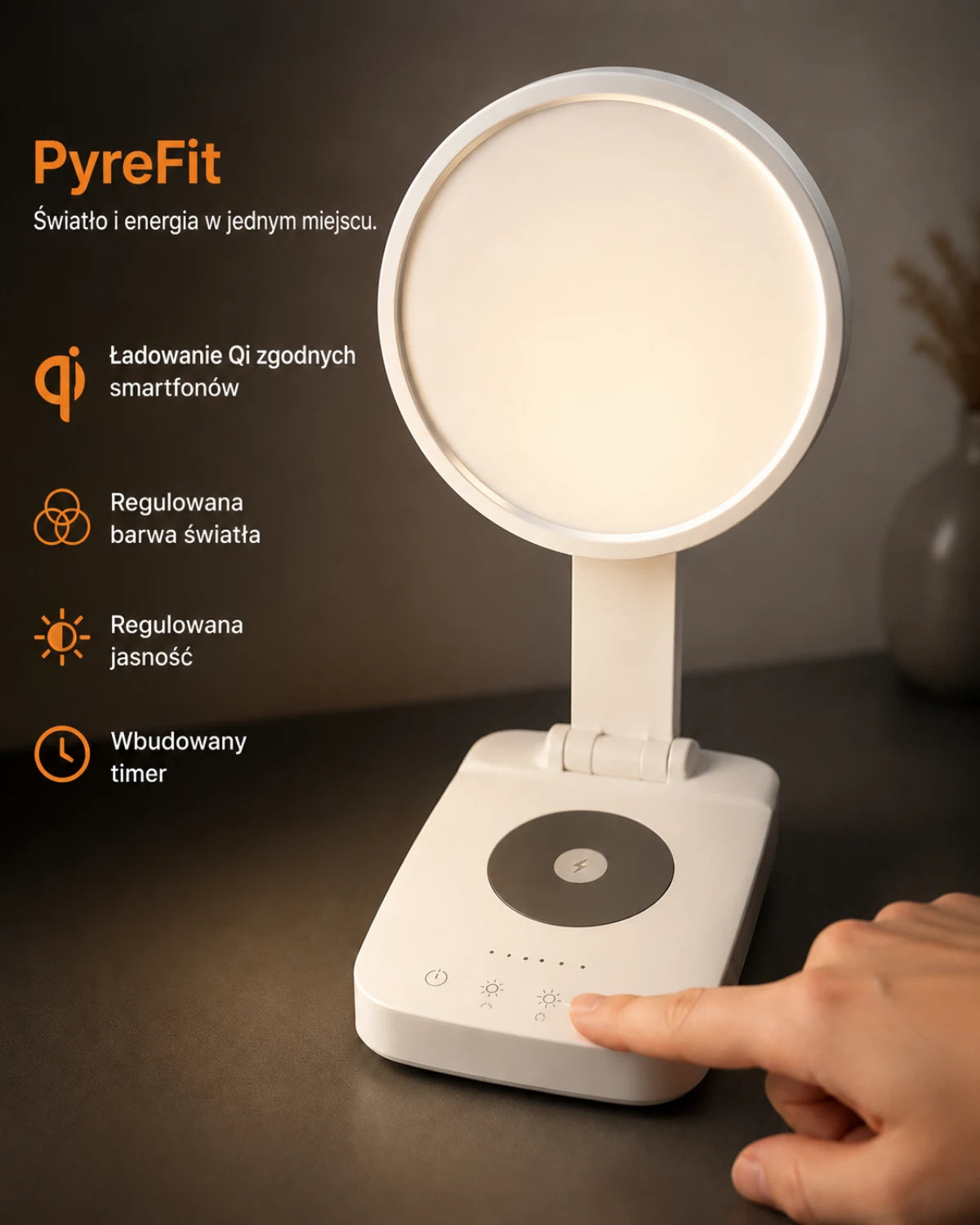 Lampa z podstawą do ładowania Qi — PyreFit; Światło i energia w jednym miejscu.