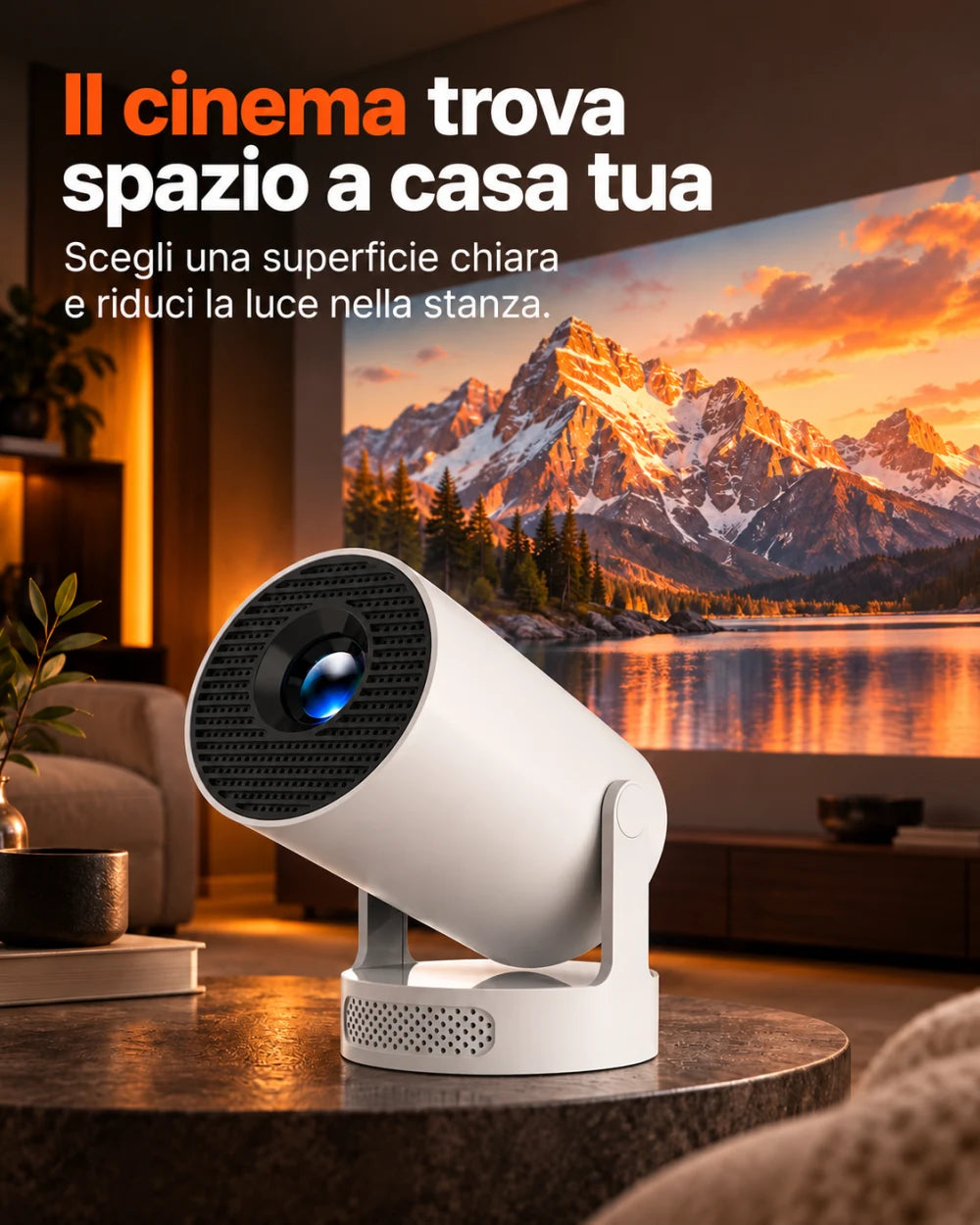 Mini proiettore per le serate cinema — Il cinema trova spazio a casa tua; Scegli una superficie chiara e riduci la luce nella stanza.