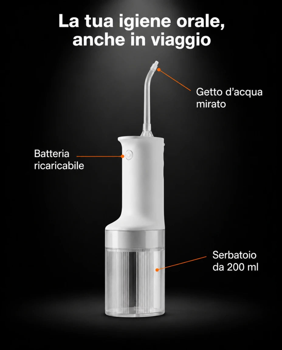La tua igiene orale, anche in viaggio — Serbatoio da 200 ml — Batteria ricaricabile — Getto d’acqua mirato