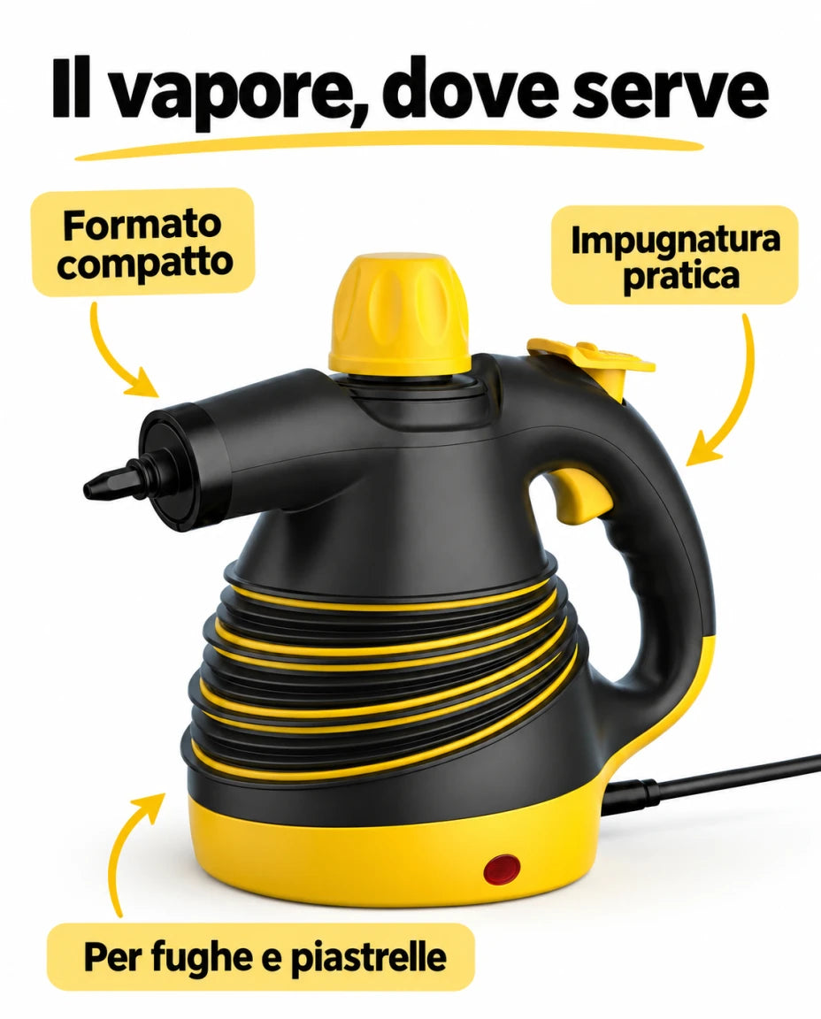 Il vapore, dove serve — Formato compatto — Impugnatura pratica — Per fughe e piastrelle