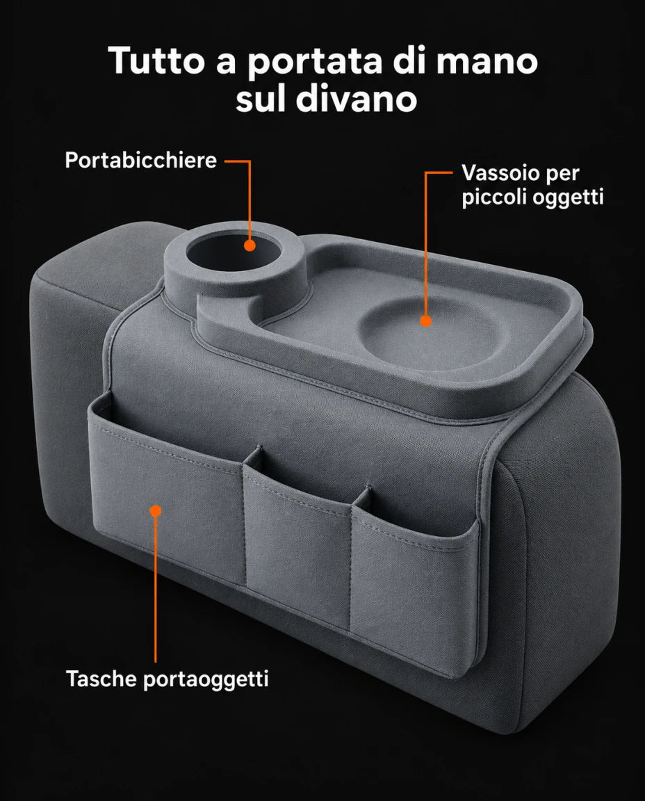 Tutto a portata di mano sul divano — Portabicchiere — Vassoio per piccoli oggetti — Tasche portaoggetti